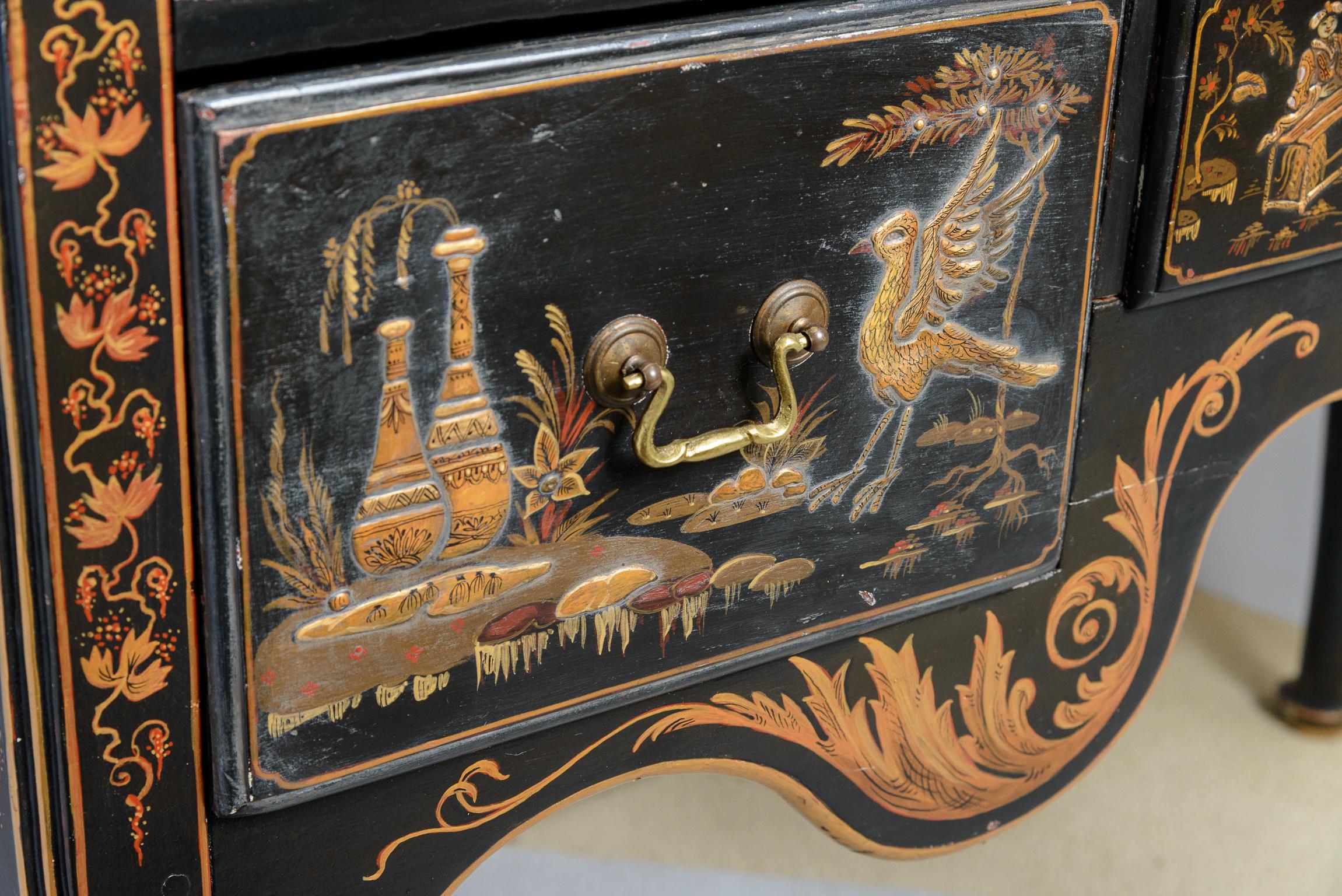 British Queen Ann Style Chinoiserie Ebonized Wood & Lacquered  Decorated Dresser