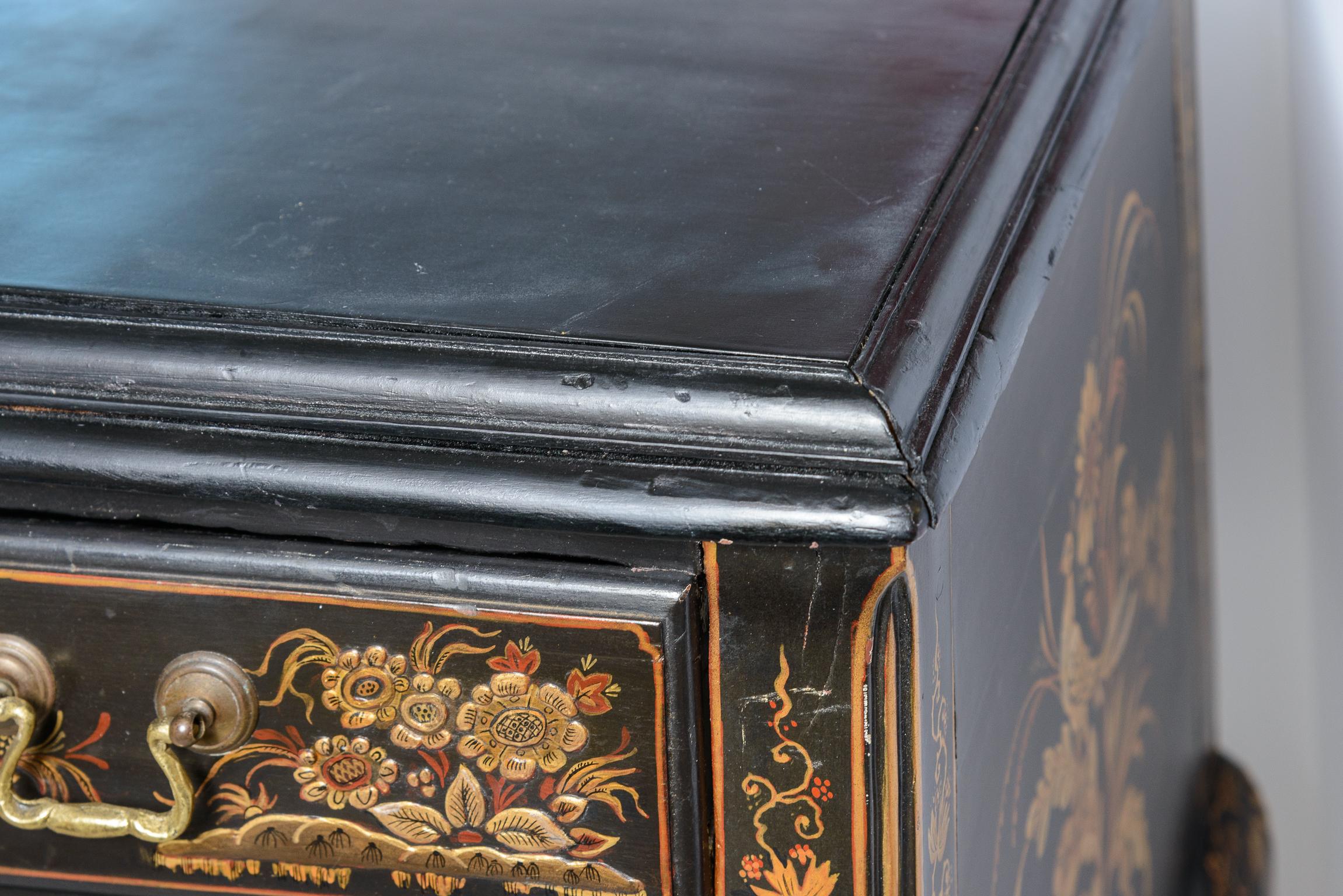 Hand-Painted Queen Ann Style Chinoiserie Ebonized Wood & Lacquered  Decorated Dresser