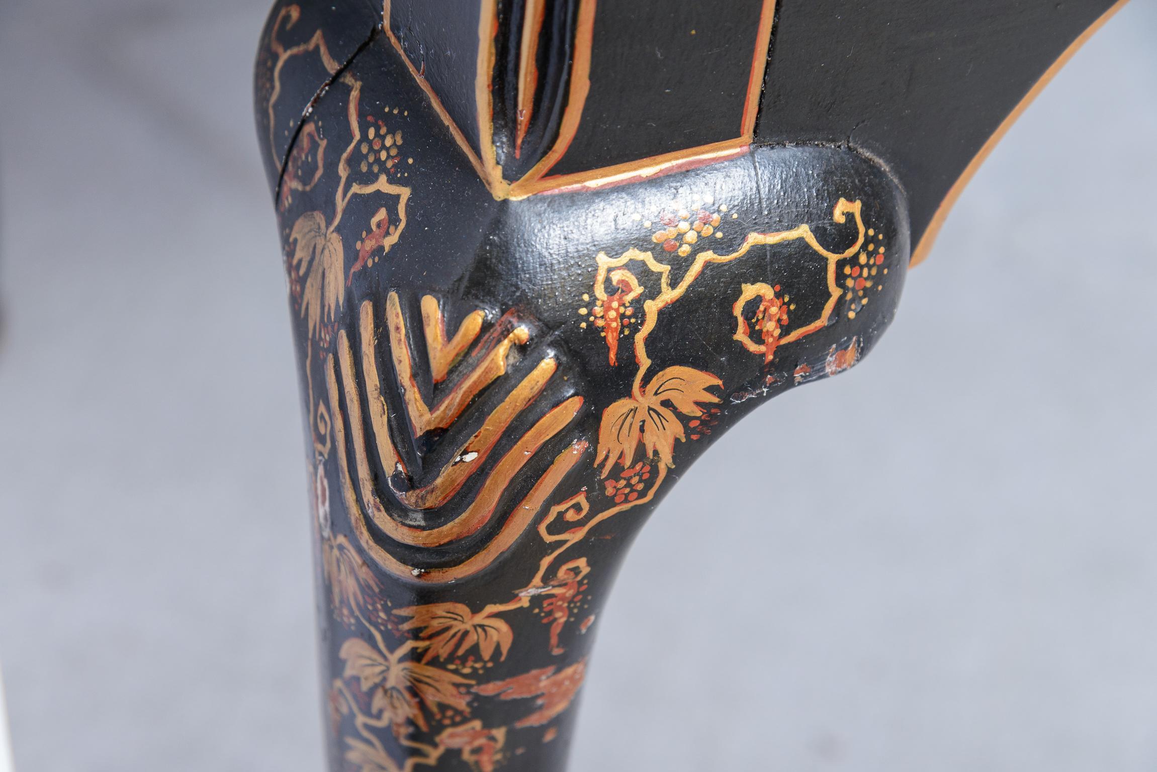 20th Century Queen Ann Style Chinoiserie Ebonized Wood & Lacquered  Decorated Dresser