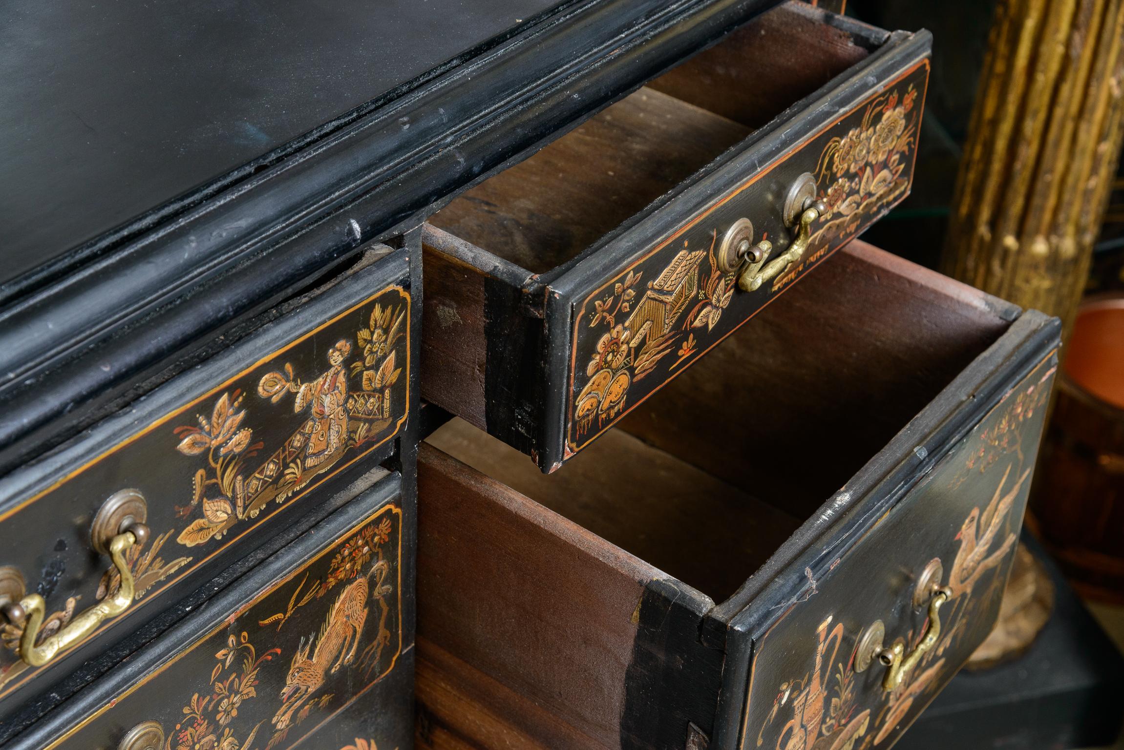 Queen Ann Style Chinoiserie Ebonized Wood & Lacquered  Decorated Dresser 2