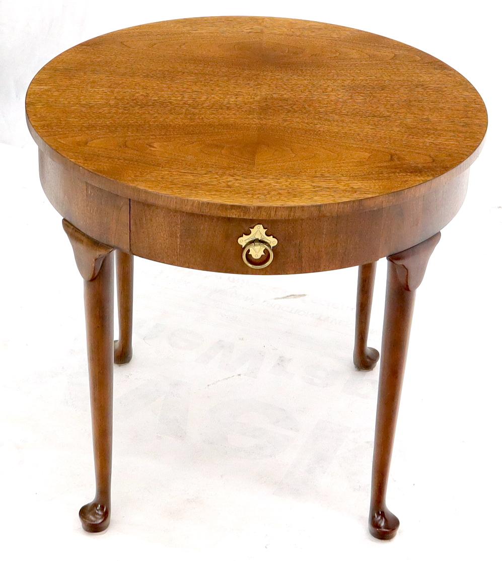 Walnut one drawer Queen Ann style side end table with brass hardware by Baker.