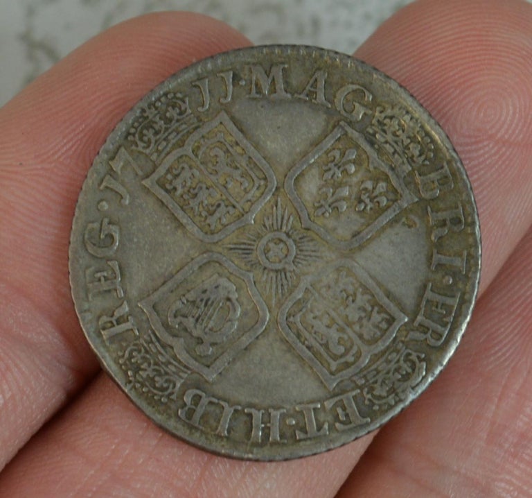 Queen Anne 1711 Original Shilling Coin AVF Toned In Good Condition For Sale In St Helens, GB
