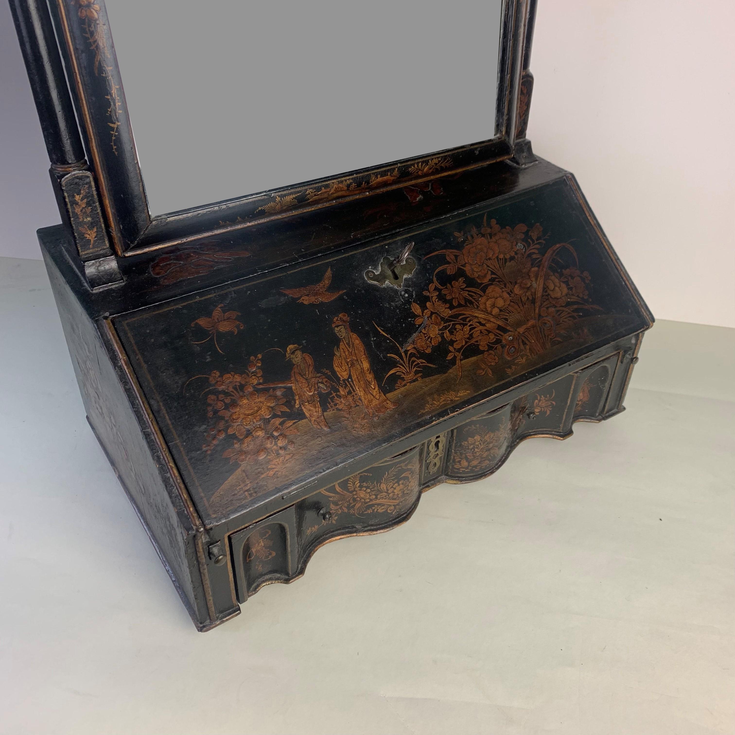 Japanned Queen Anne Black Lacquered Toilet Mirror with Miniature Bureau Base For Sale