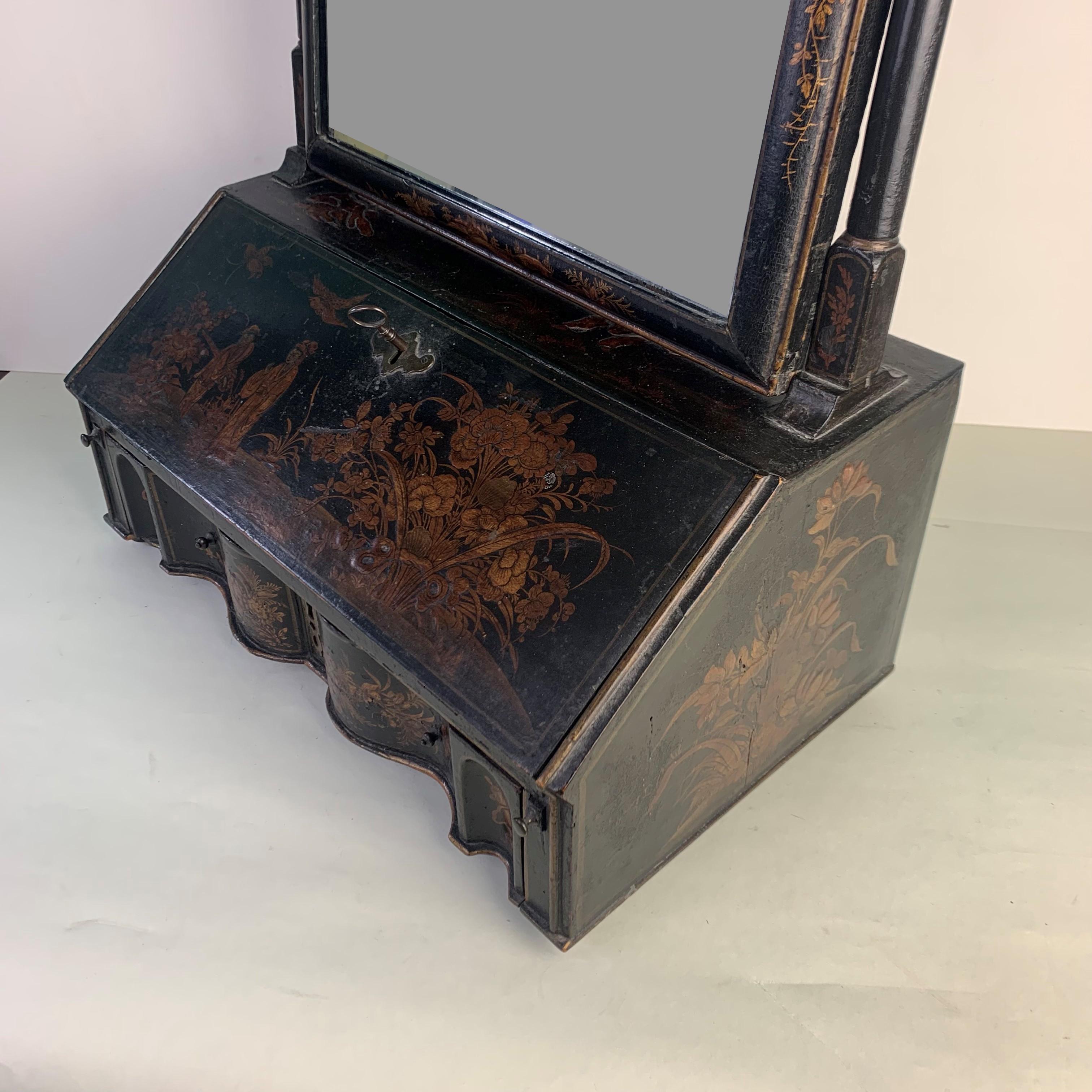18th Century Queen Anne Black Lacquered Toilet Mirror with Miniature Bureau Base For Sale