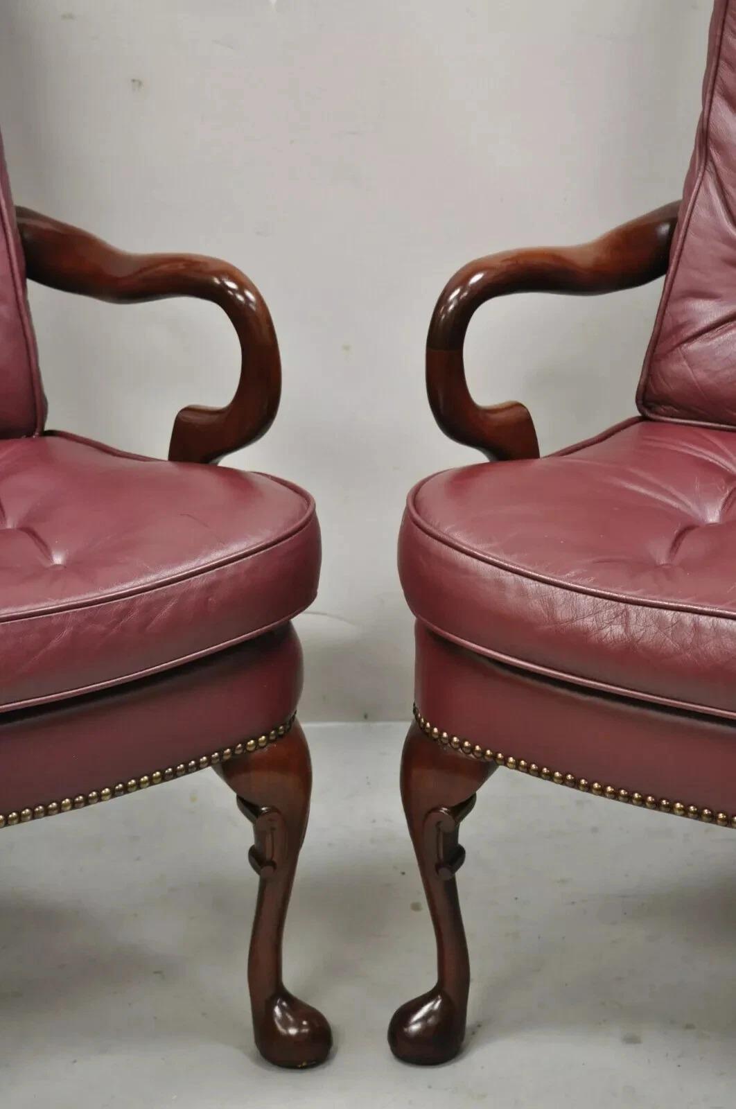 Queen Anne Burgundy Leather Library Office Arm Chairs by St Timothy Chair Pair In Good Condition For Sale In Philadelphia, PA