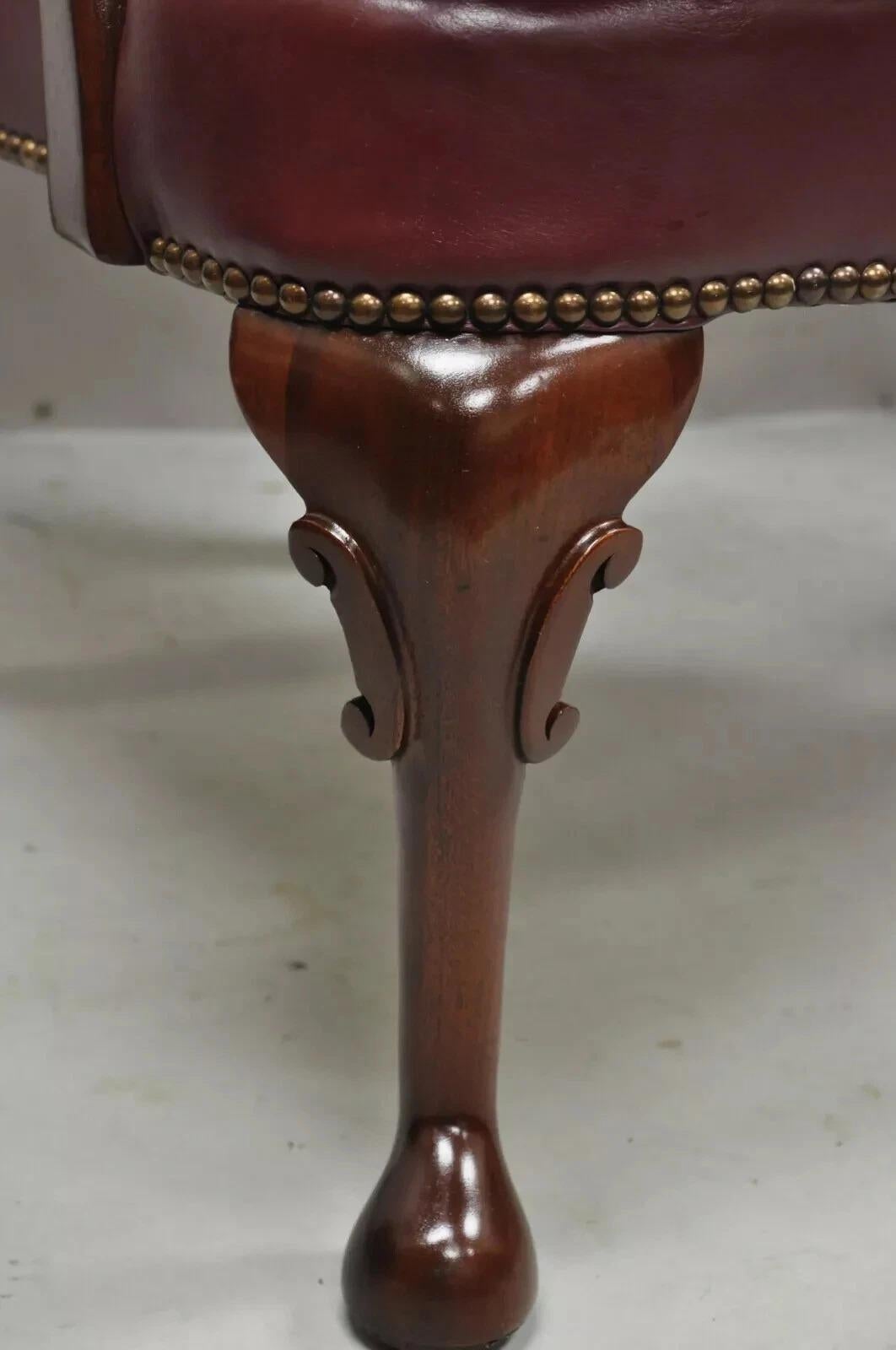 20th Century Queen Anne Burgundy Leather Library Office Arm Chairs by St Timothy Chair Pair For Sale