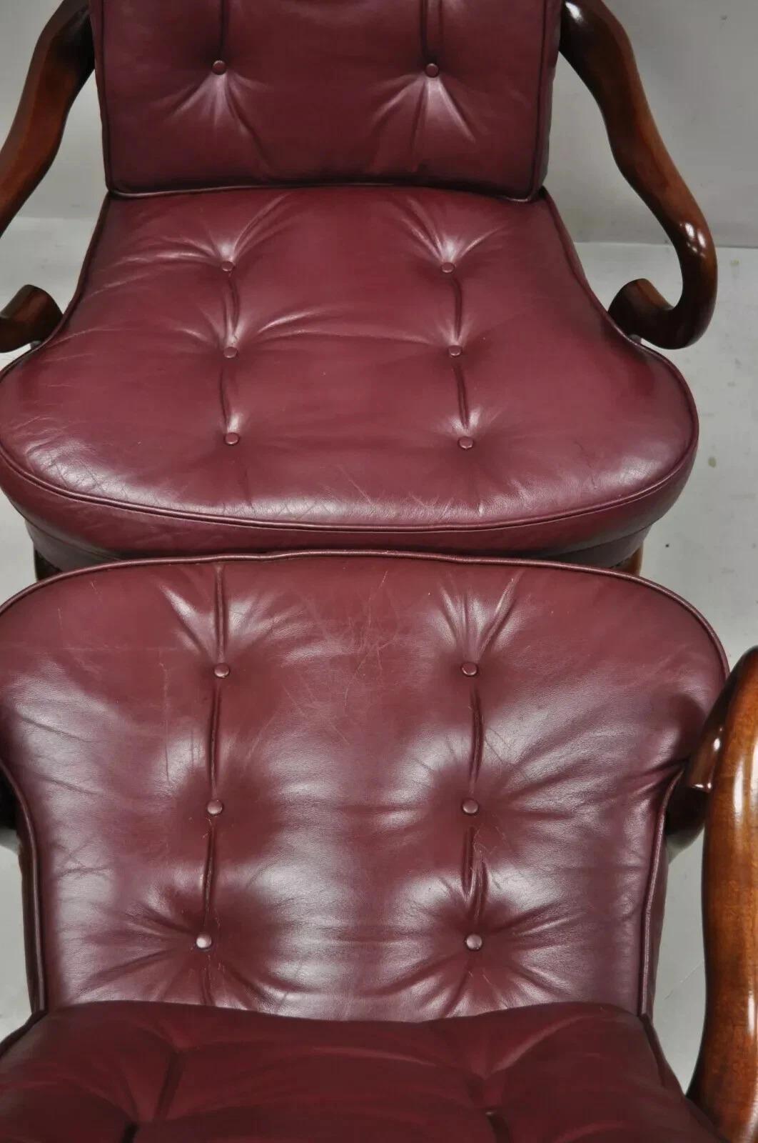 Queen Anne Burgundy Leather Library Office Arm Chairs by St Timothy Chair Pair For Sale 2