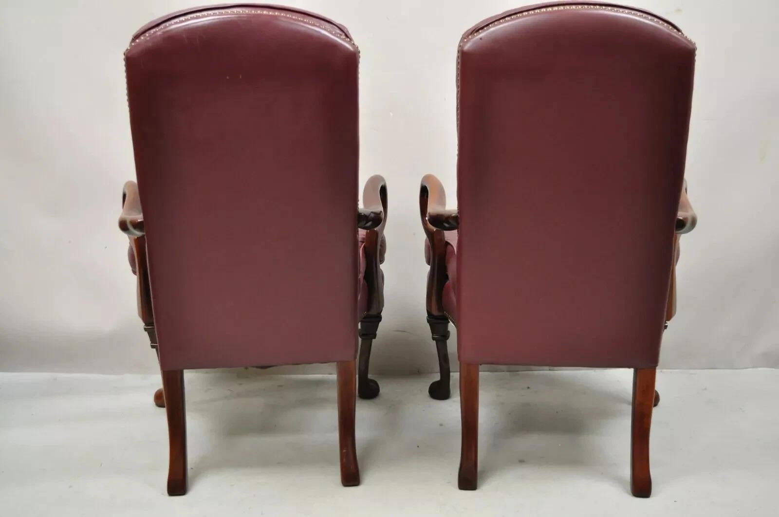 Queen Anne Burgundy Leather Library Office Arm Chairs by St Timothy Chair Pair For Sale 4