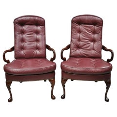 Vintage Queen Anne Burgundy Leather Library Office Arm Chairs by St Timothy Chair Pair