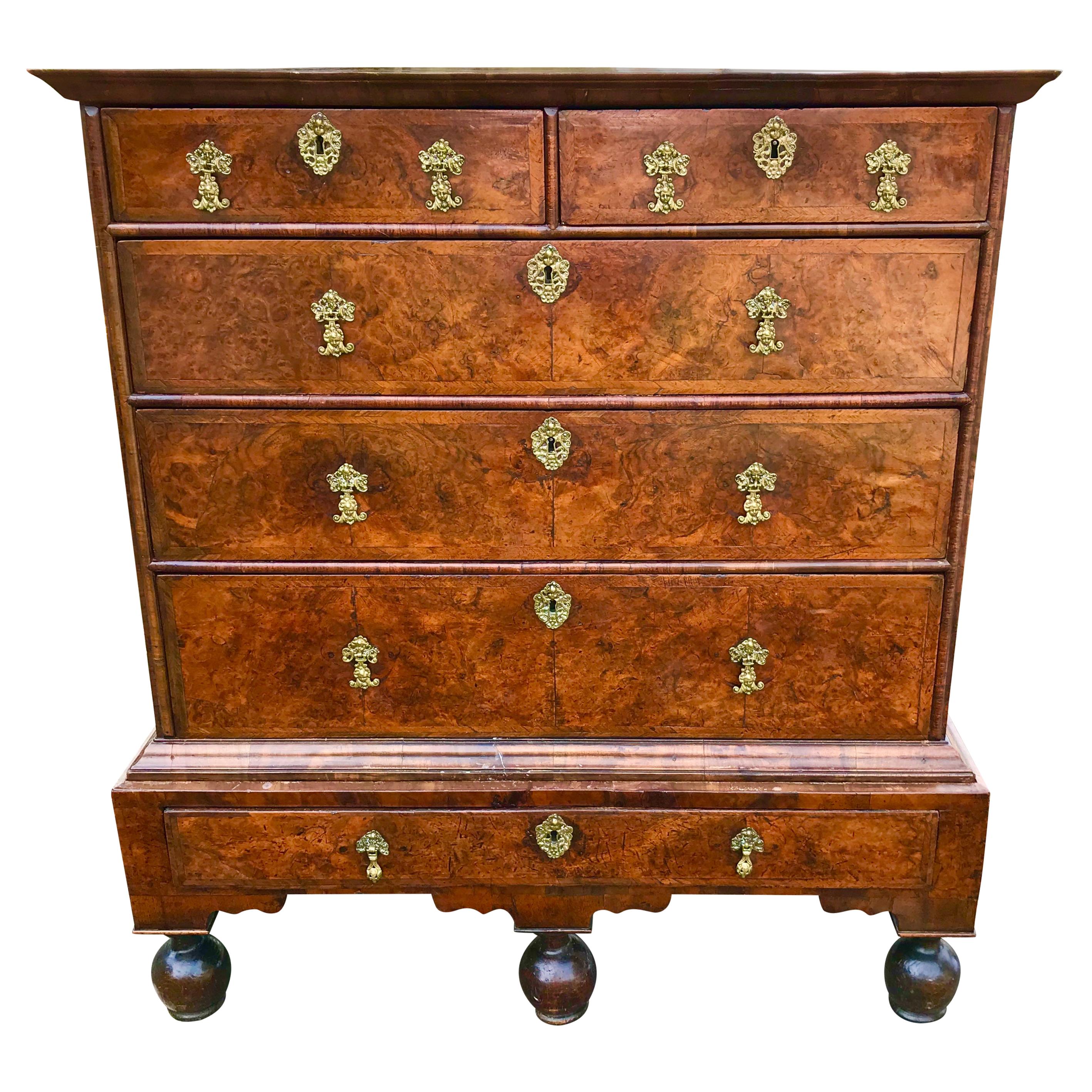 Queen Anne transitional to George I Burr and Figured Walnut Chest on Stand