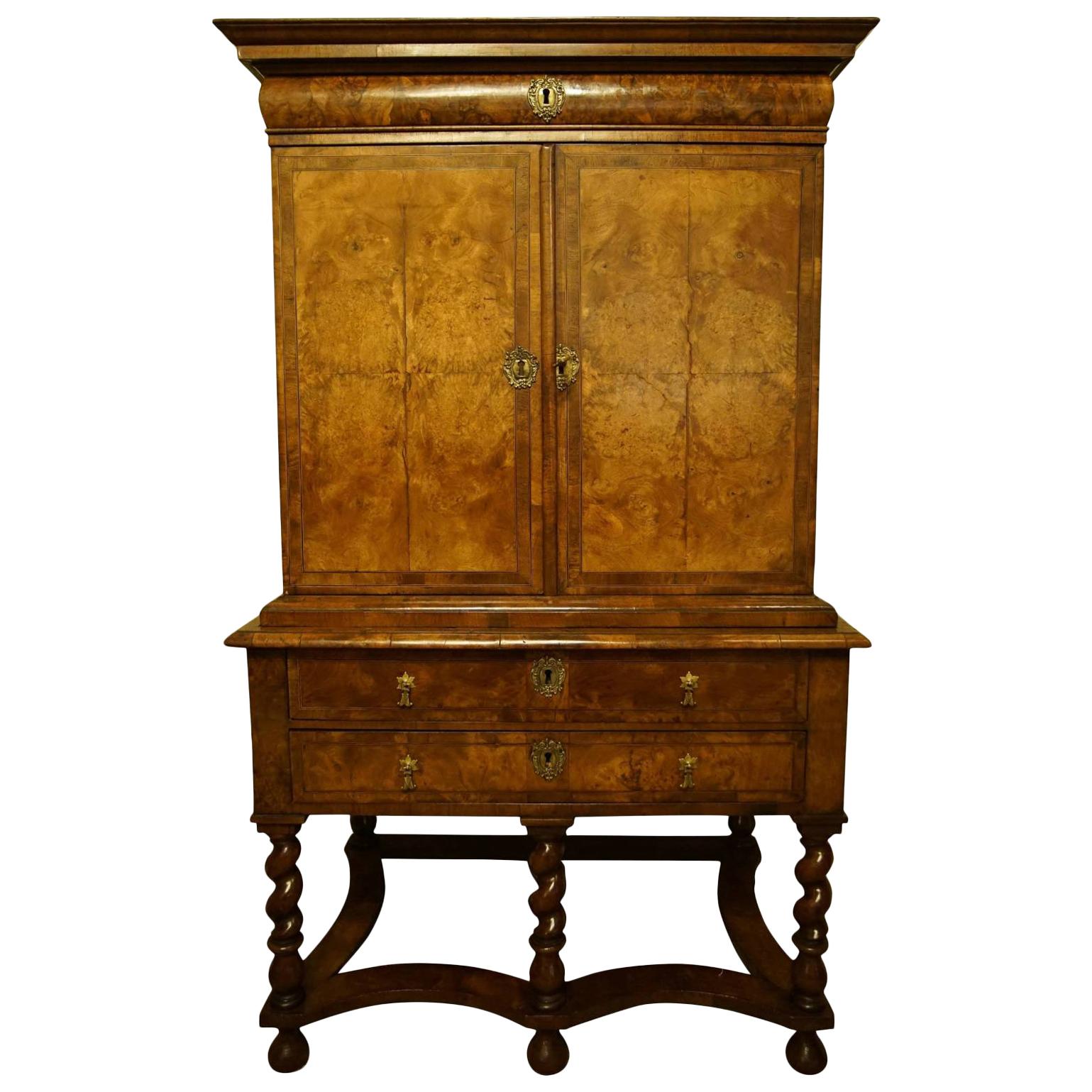 Queen Anne Burr Walnut Cabinet on Stand For Sale