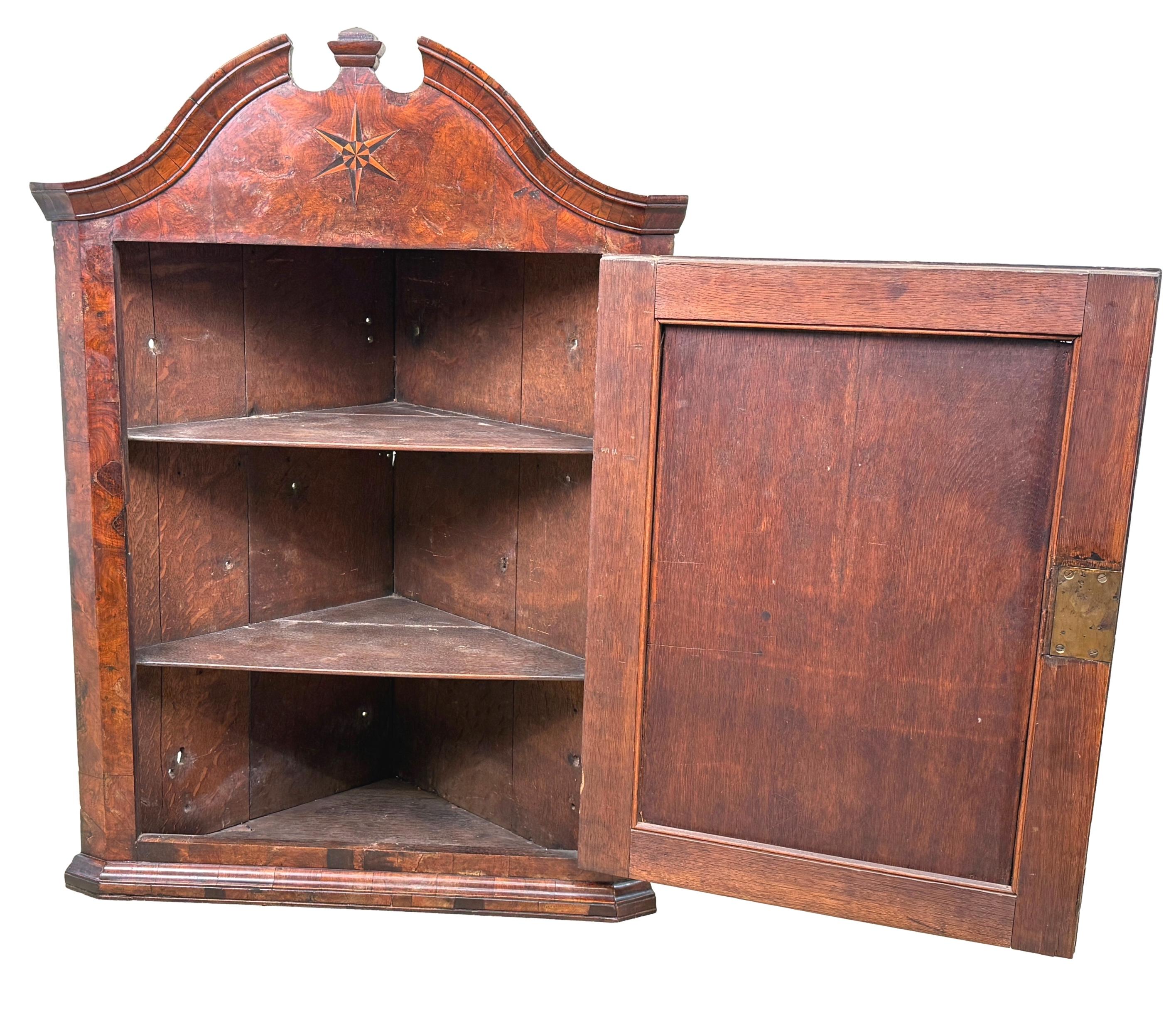 English Queen Anne Burr Walnut Hanging Corner Cupboard For Sale