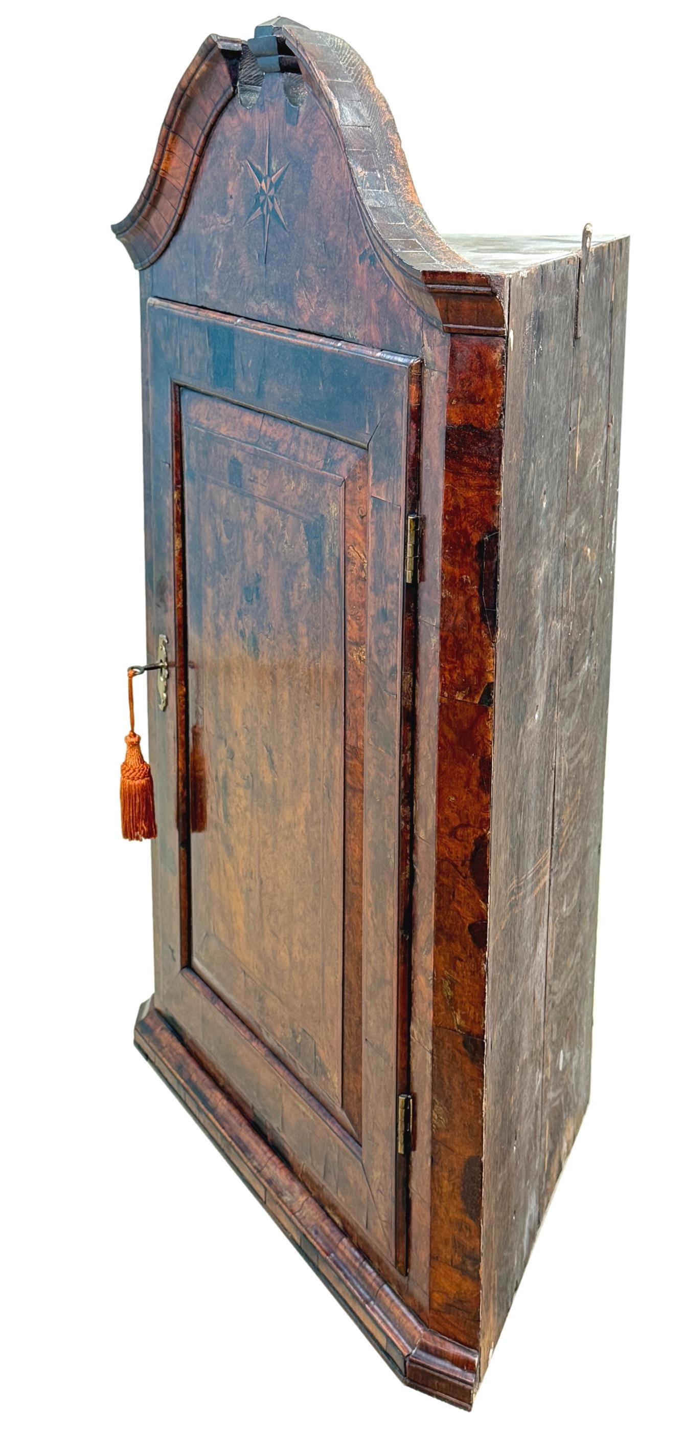 18th Century Queen Anne Burr Walnut Hanging Corner Cupboard For Sale