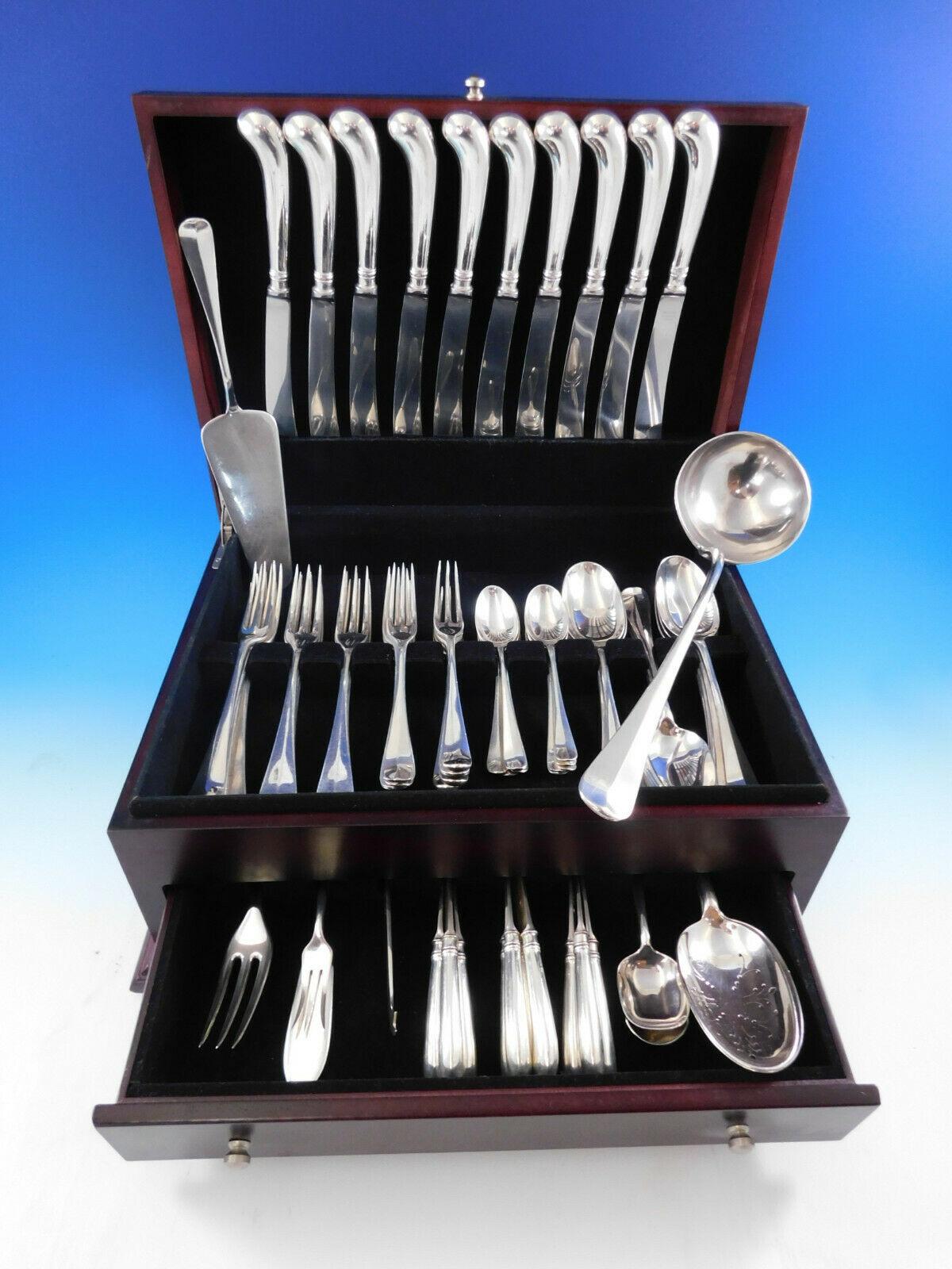 Superb Queen Anne by James Robinson sterling silver flatware set, 71 pieces. This set includes:

10 dinner knives, wonderful pistol handles, 9 3/8