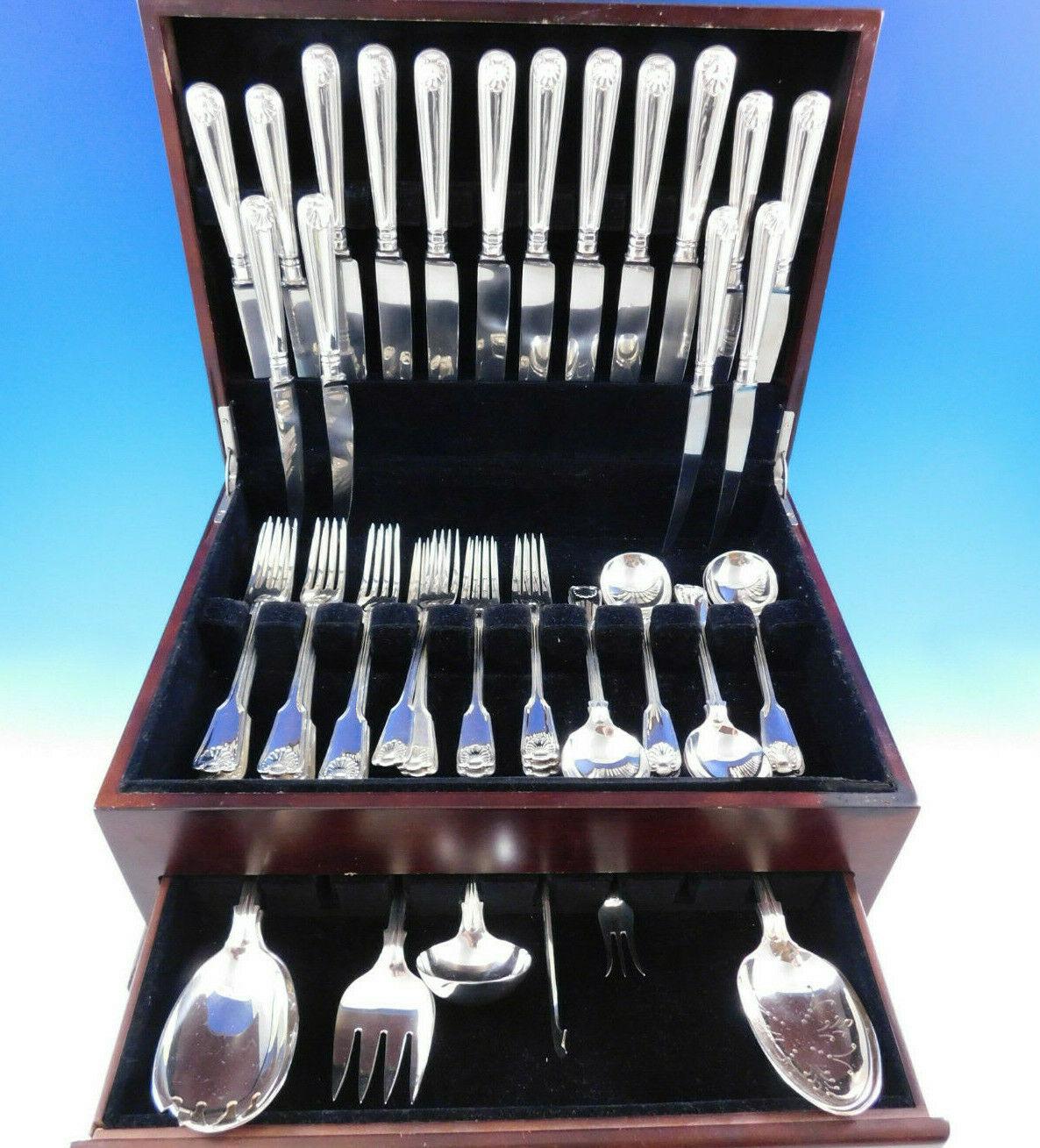 Superb fiddle thread & shell by James Robinson sterling silver flatware set, 48 pieces. This set includes:

8 dinner size knives, 9 1/2