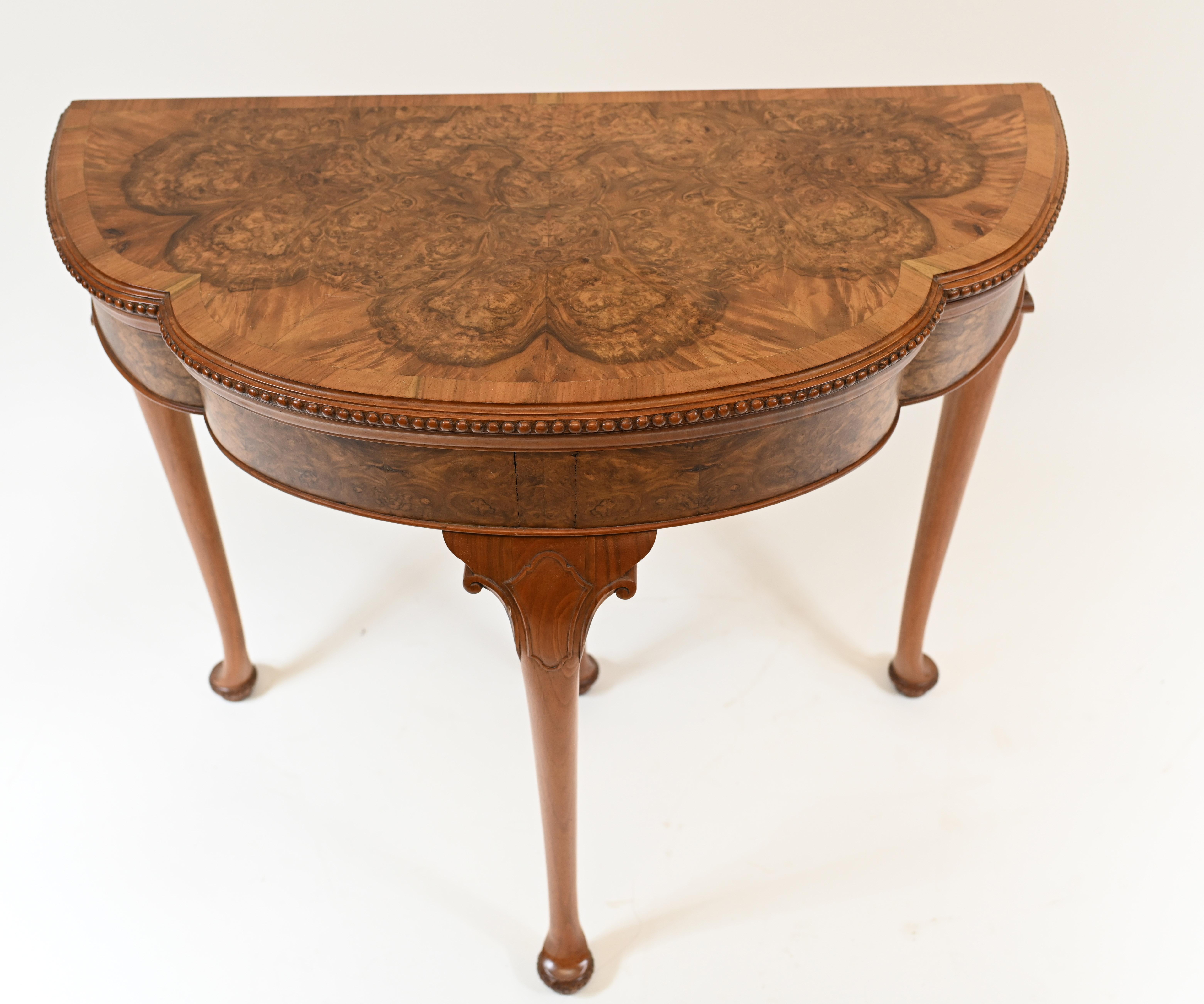 Elegant Queen Anne style card / games table
Hand crafted from burr walnut and circa 1930




Dimensions in inches (CM):
Width x Depth x Height
33 (83) x 33 (83) open height 28.5 (72).

