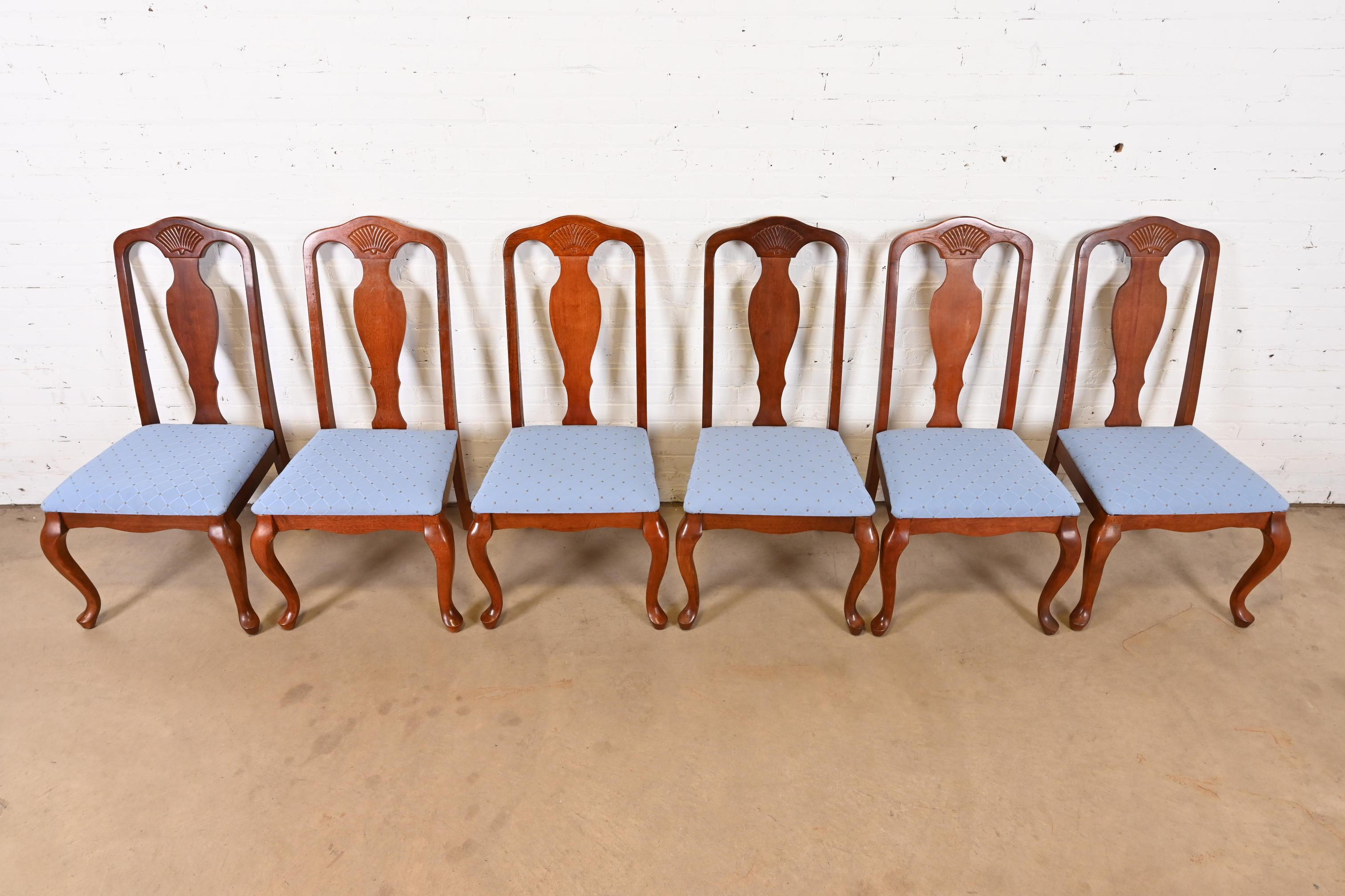 Upholstery Queen Anne Carved Mahogany Dining Chairs, Set of Six For Sale