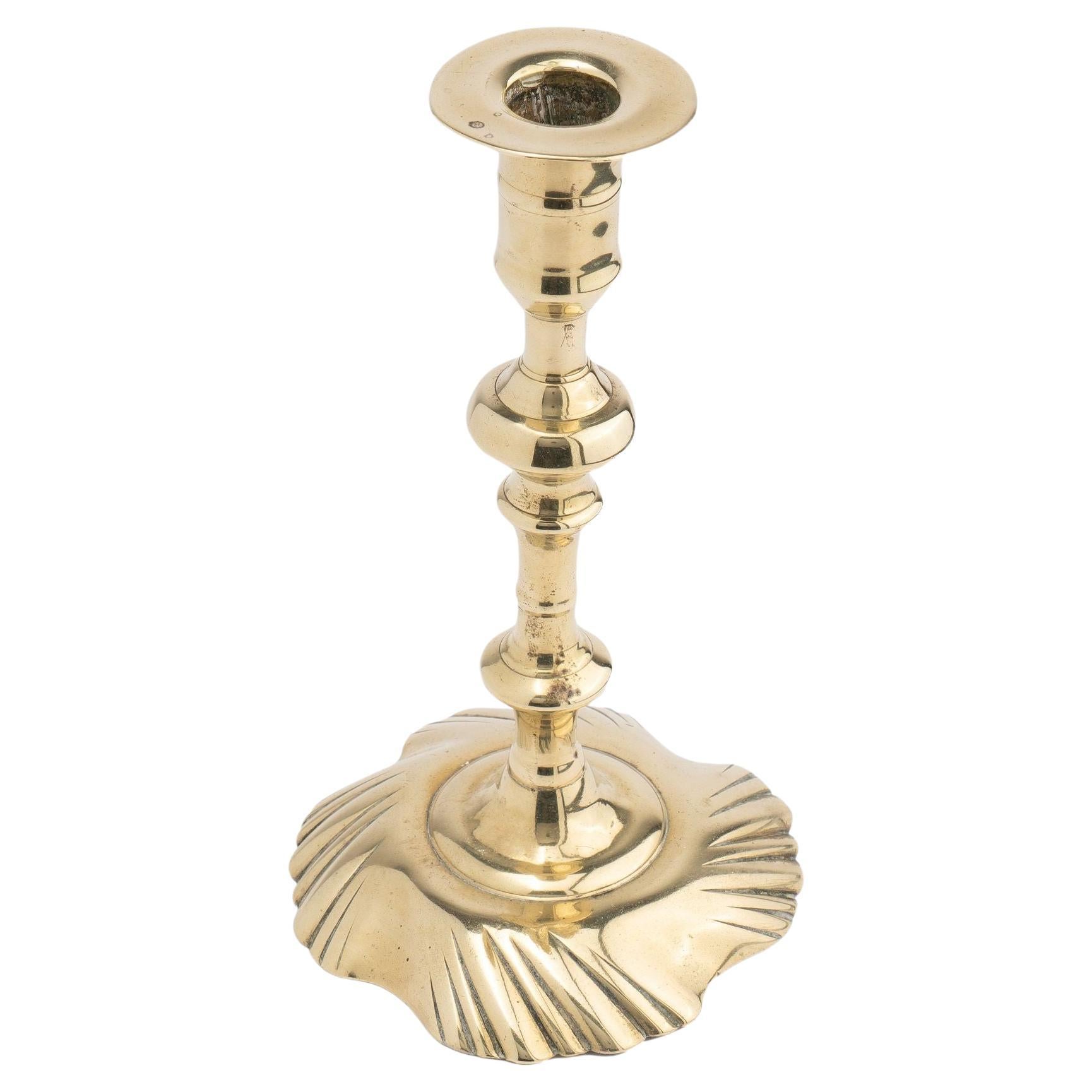 Queen Anne cast brass swirl base candlestick, 1750-75 For Sale