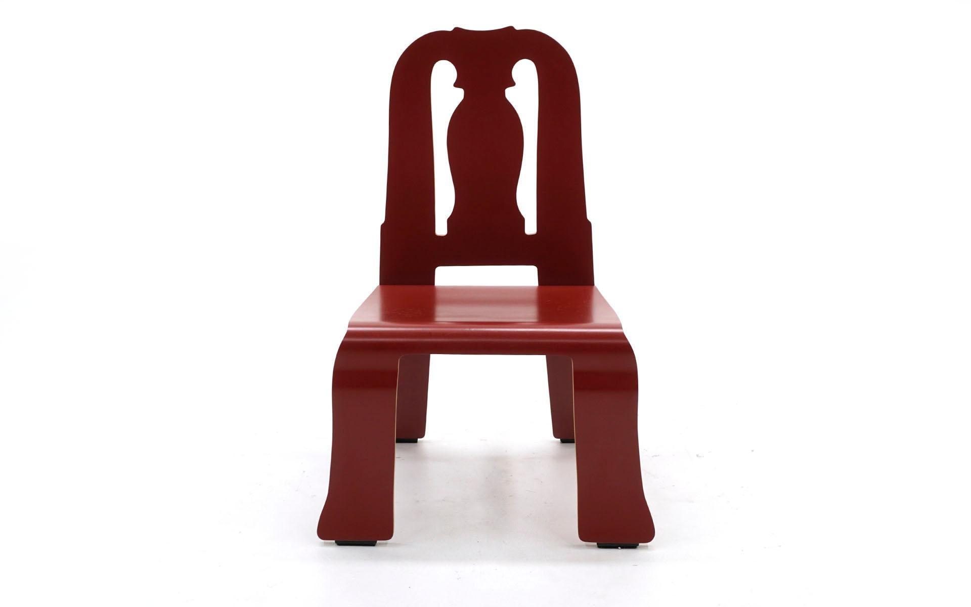 Rare red Queen Anne chair designed by Robert Venturi and Denise Scott brown and manufactured by Knoll. Very minor signs of wear. A fine example of this Postmodern design.