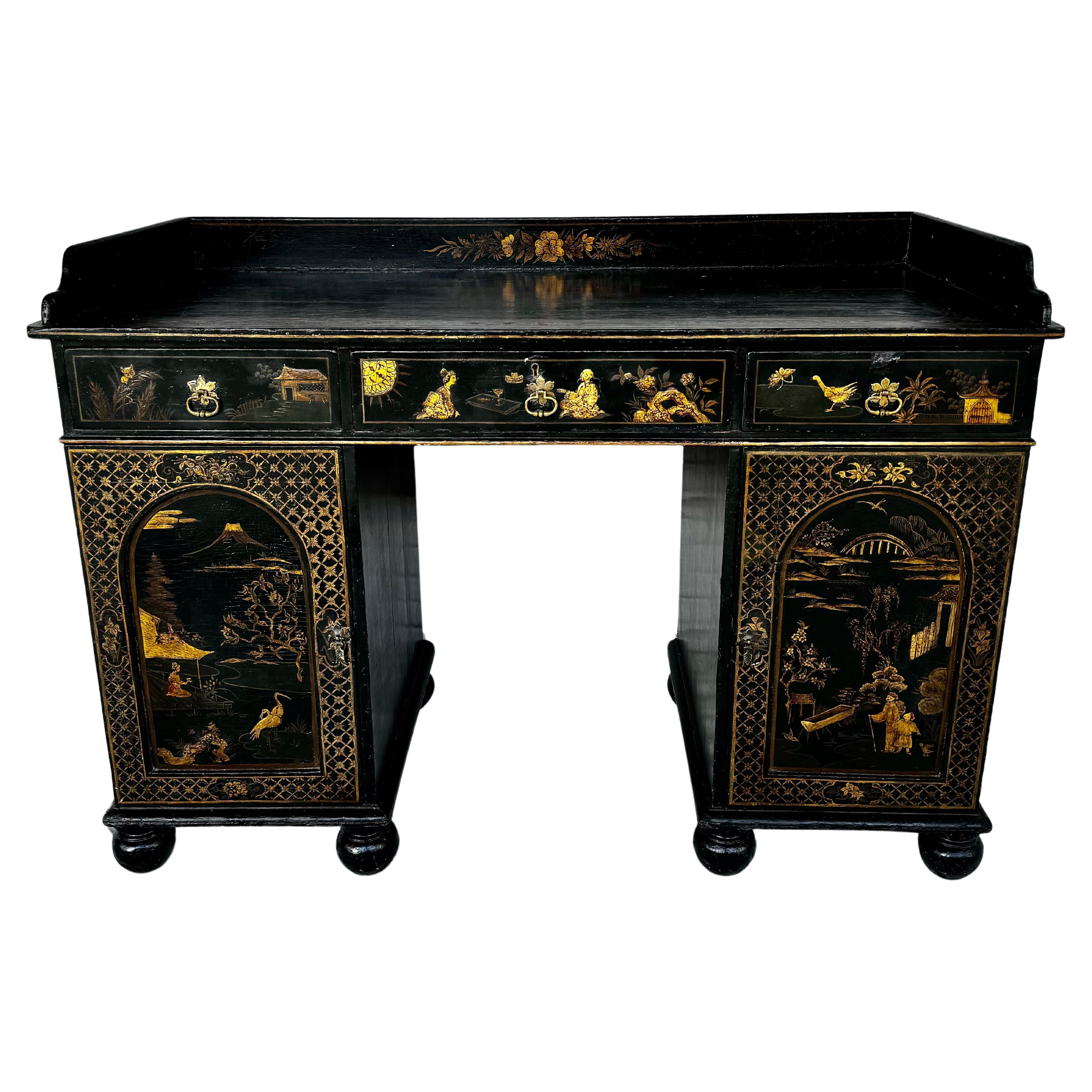 Escritorio de pedestal Queen Anne Chinoiserie Lacado
