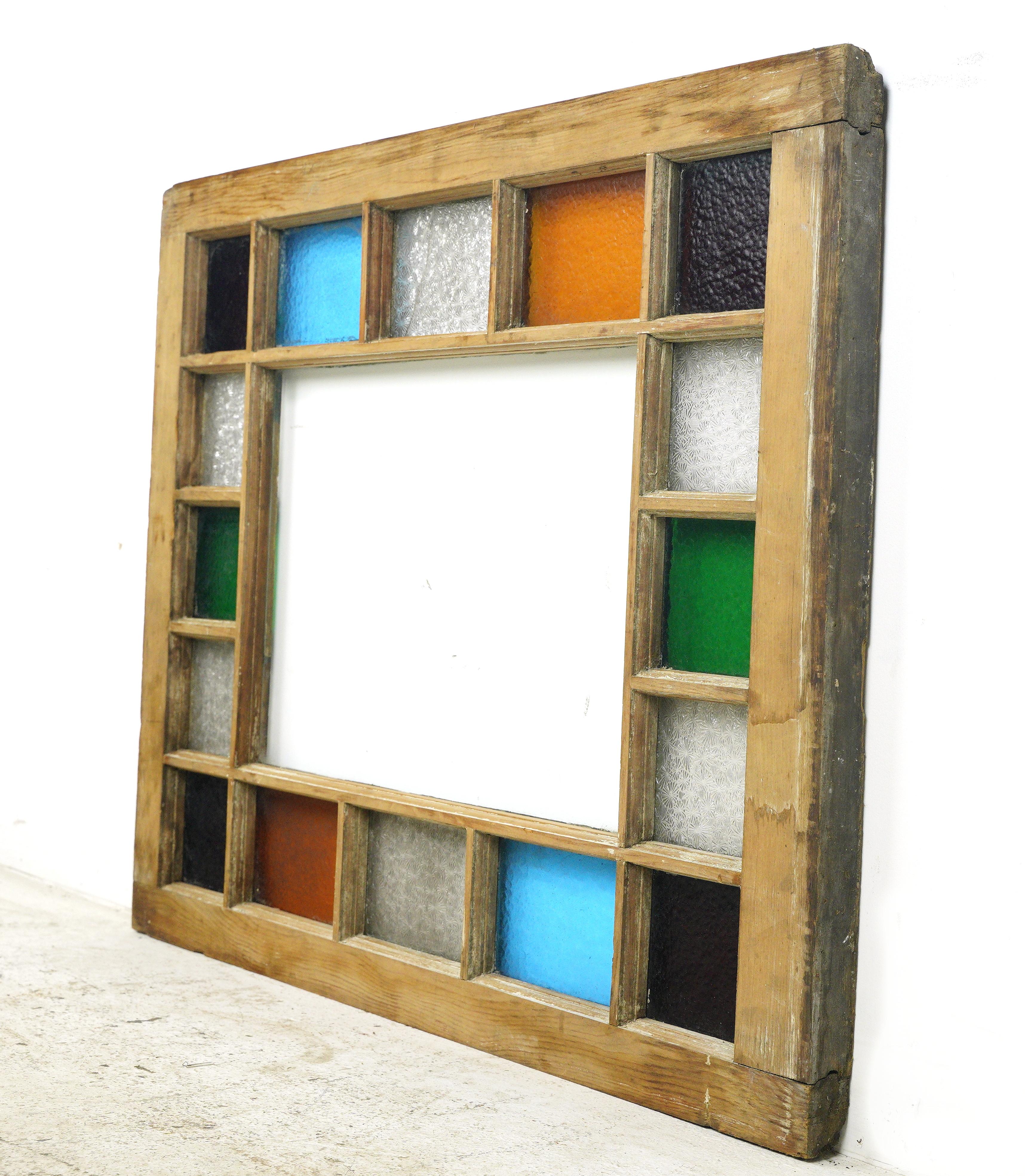 20th Century Queen Anne Colorful Pine Framed Stained Glass Window