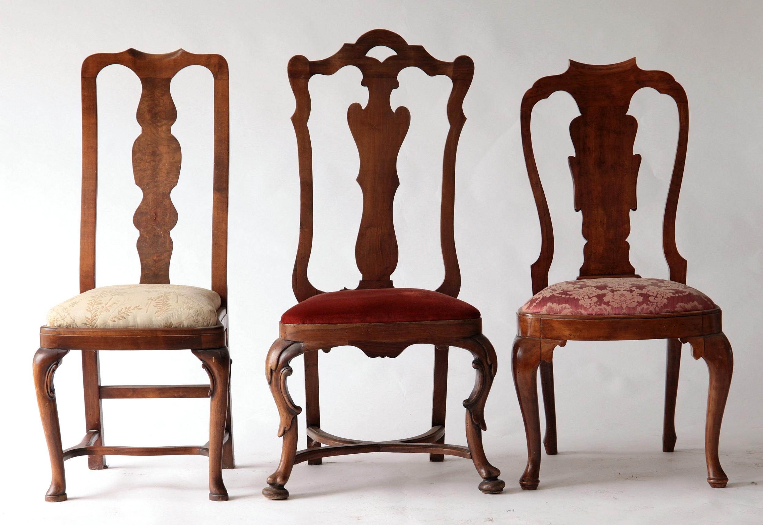 Beautiful set of 6 Queen Anne chairs. Made of eight different style of chairs. 

This group was made with the various one of a kind chairs that were collected over the years. From the same collection of the Biedermeier groups, we were able to make