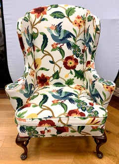 Queen Anne Floral Crewelwork Print Mahogany Wingback Reading Chair