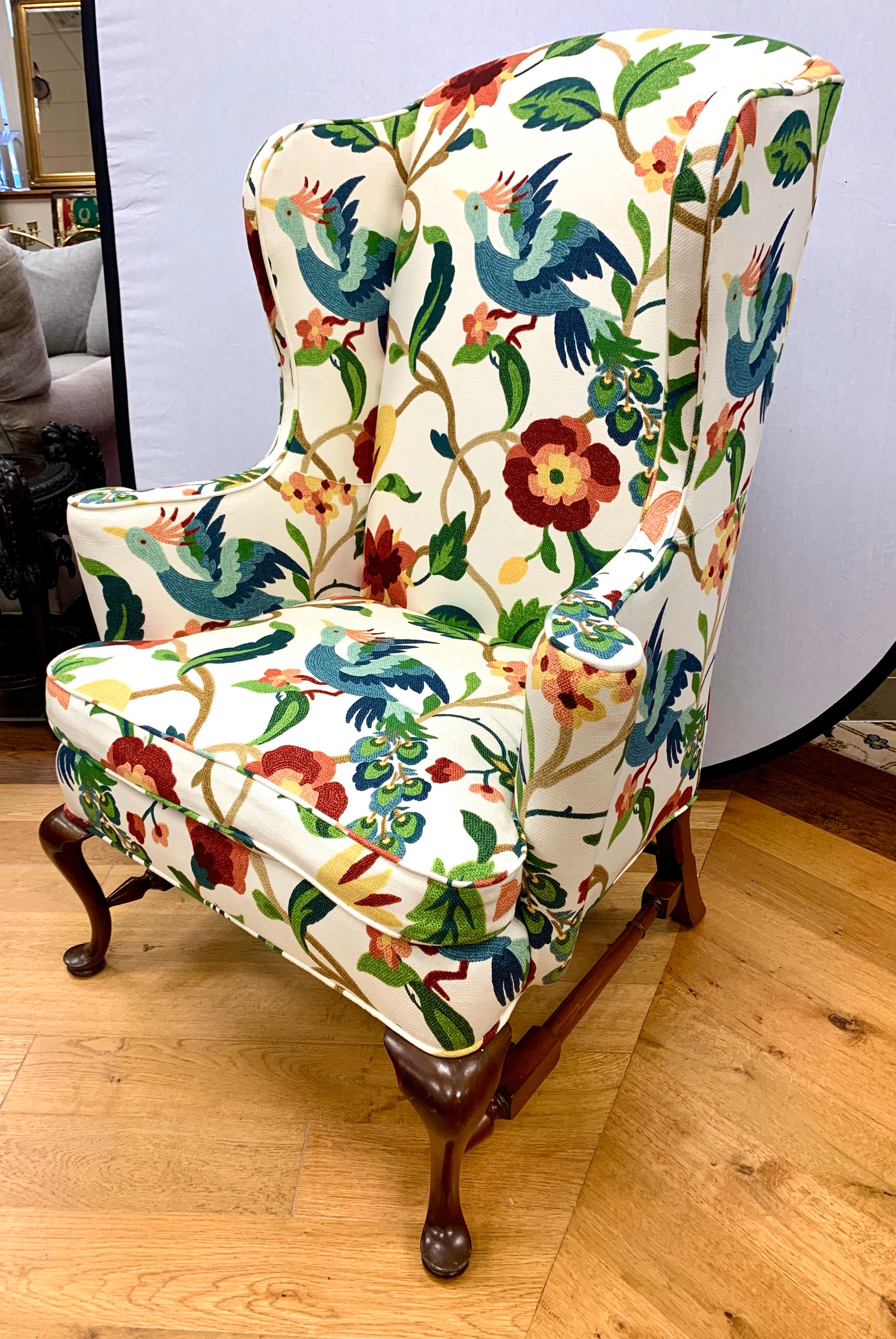 American Queen Anne Floral Crewelwork Print Mahogany Wingback Reading Chair