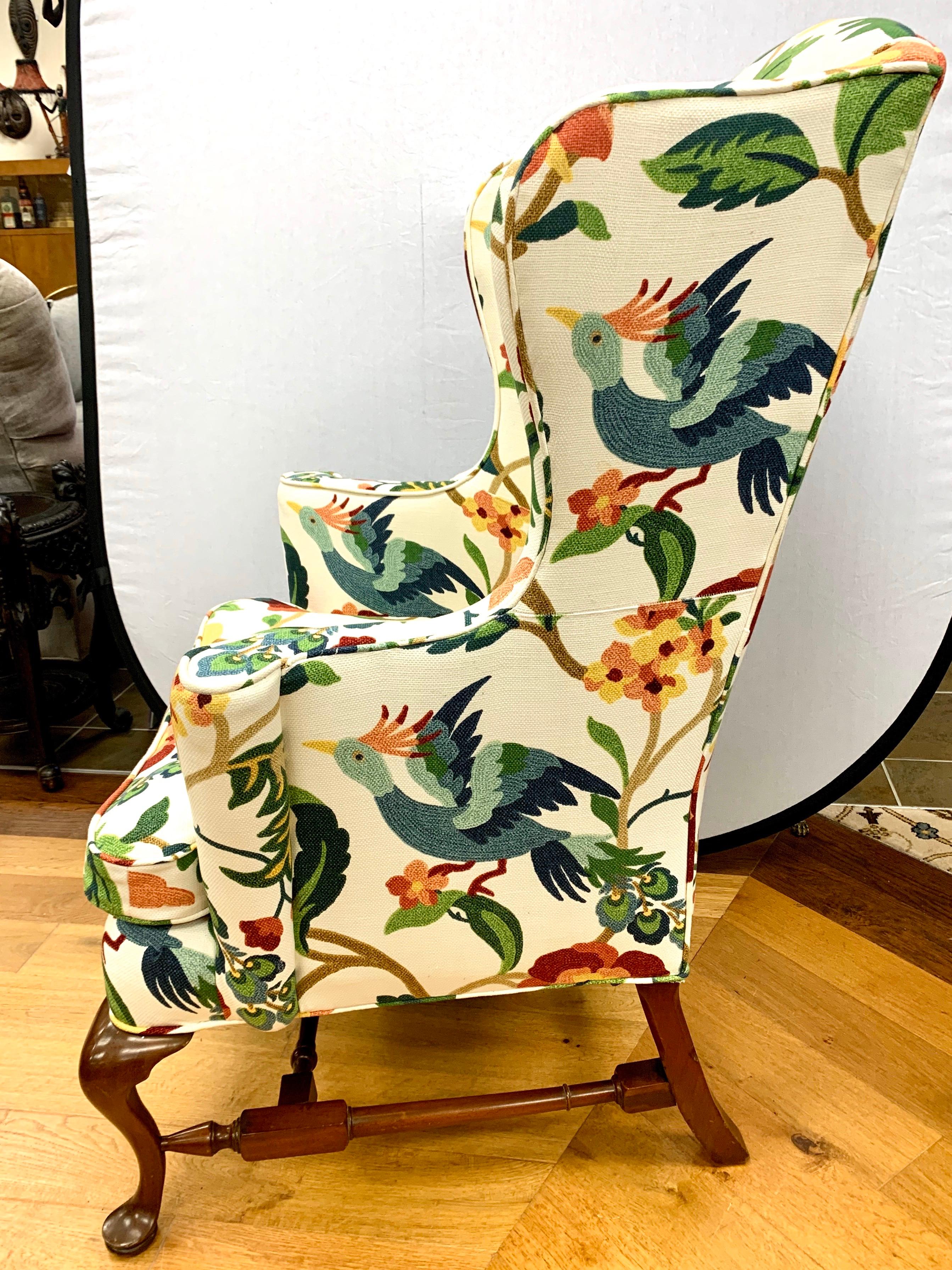 Queen Anne Floral Crewelwork Print Mahogany Wingback Reading Chair In Good Condition In West Hartford, CT