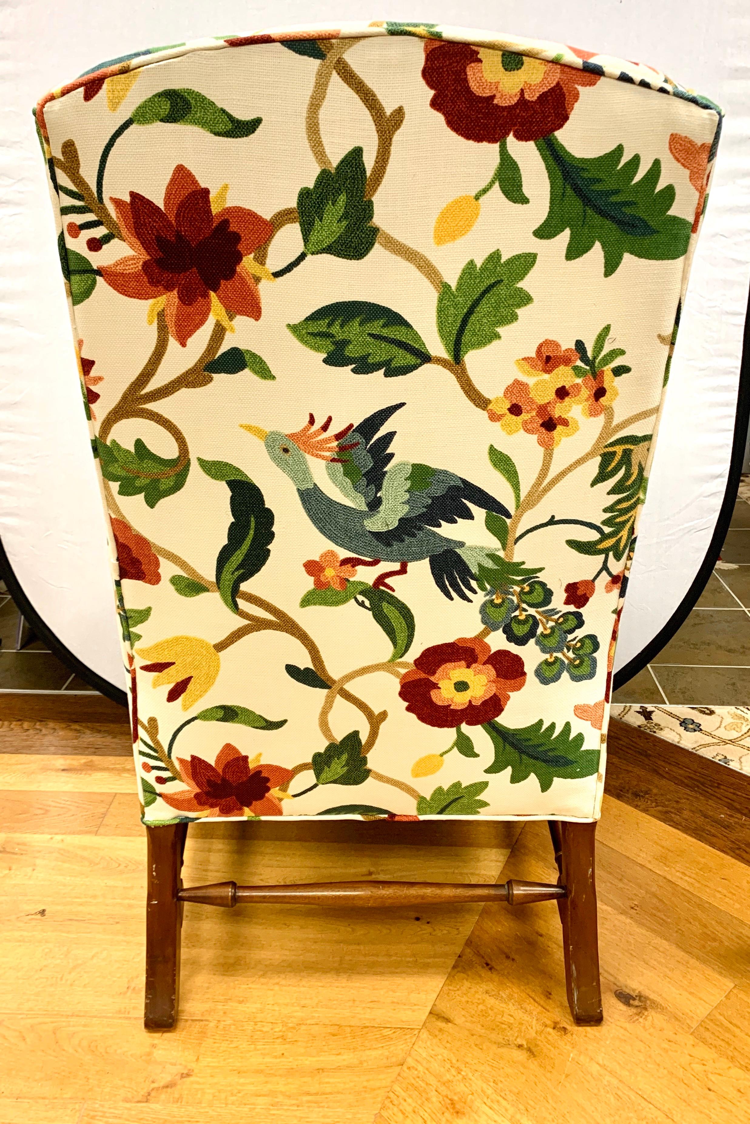 20th Century Queen Anne Floral Crewelwork Print Mahogany Wingback Reading Chair
