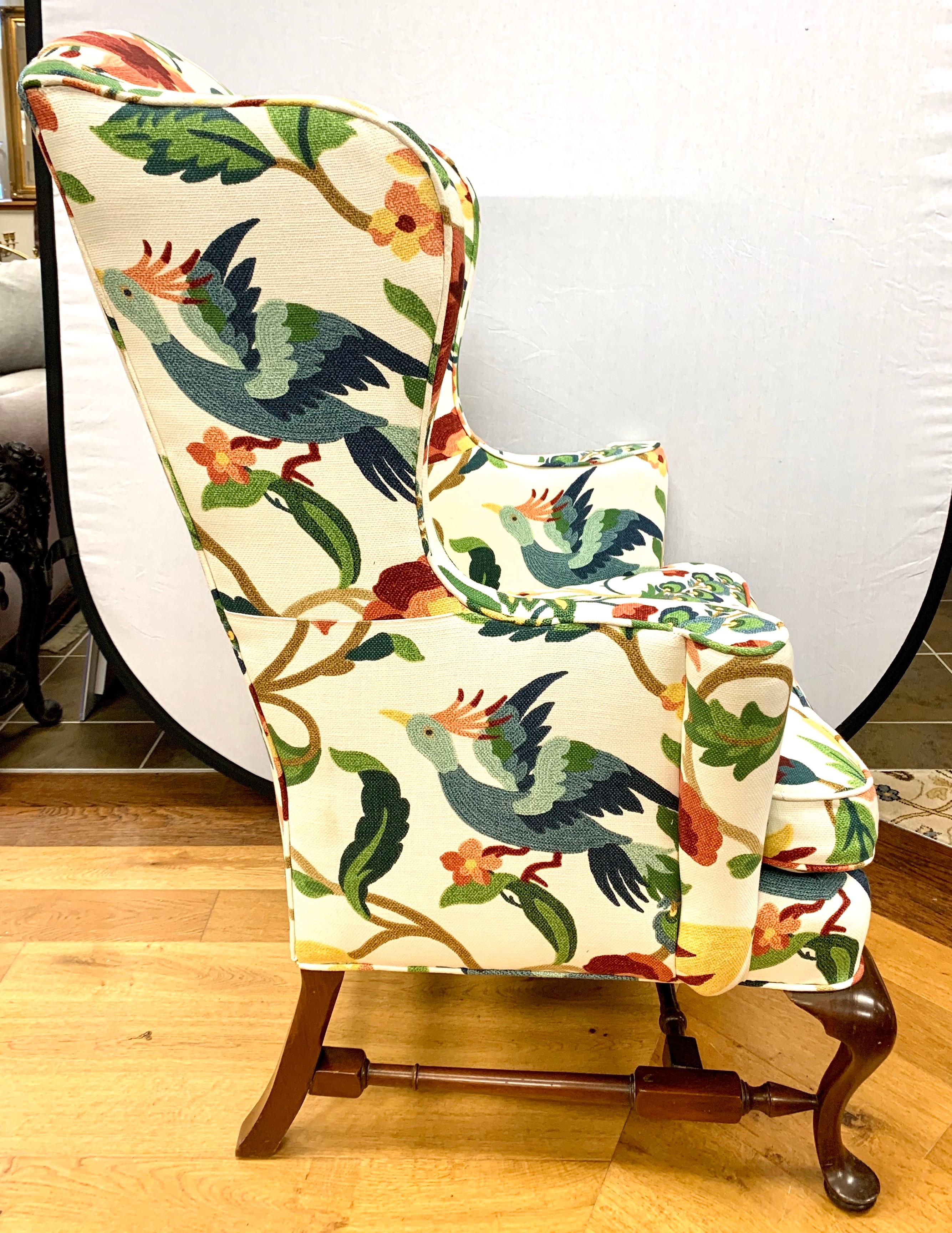 Fabric Queen Anne Floral Crewelwork Print Mahogany Wingback Reading Chair
