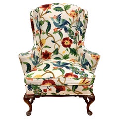 Queen Anne Floral Crewelwork Print Mahogany Wingback Reading Chair