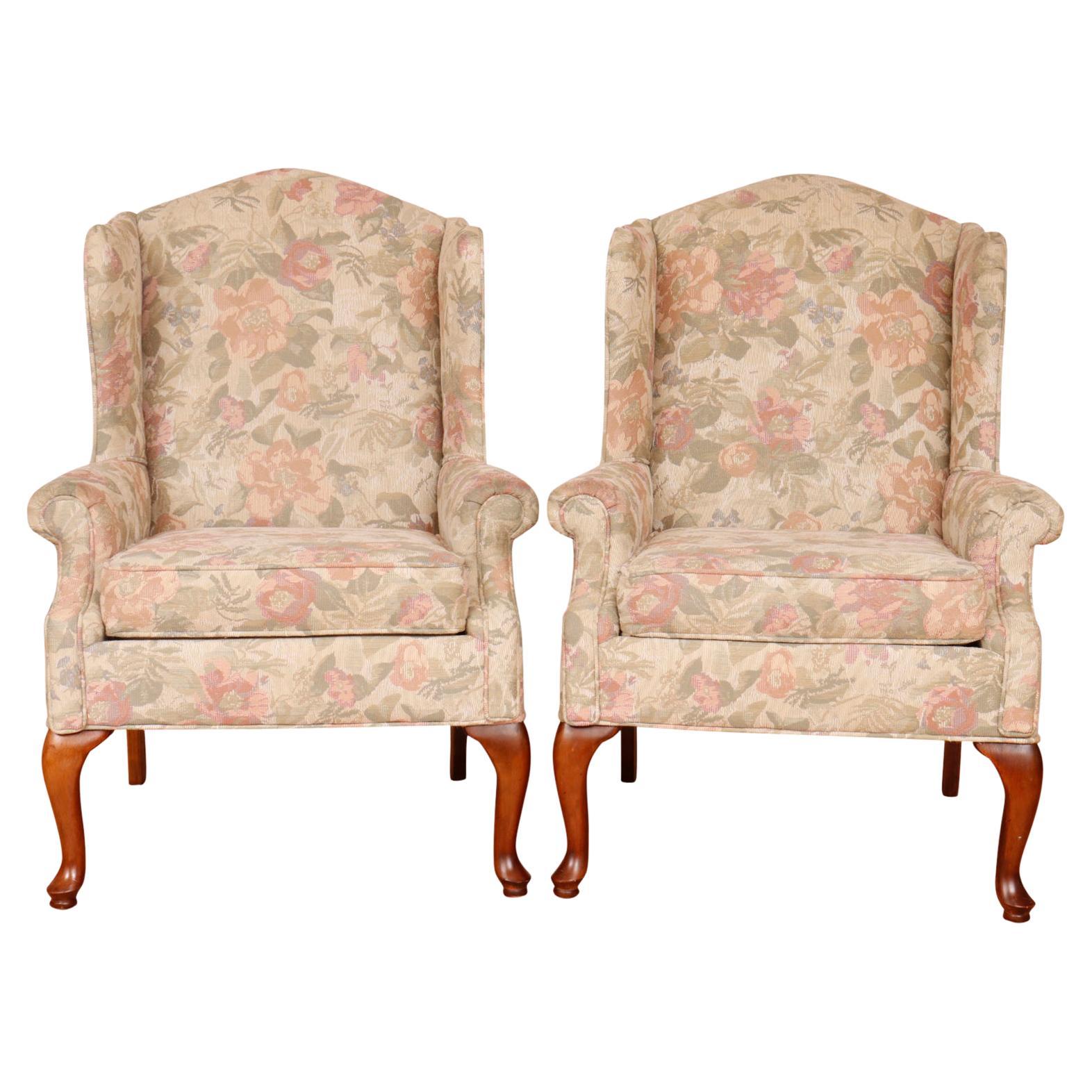 Queen Anne Floral Wingback Chairs by Rowe Furniture, a Pair