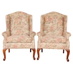 Used Queen Anne Floral Wingback Chairs by Rowe Furniture, a Pair