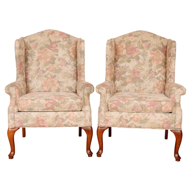 Queen Anne Floral Wingback Chairs by Rowe Furniture, a Pair For Sale