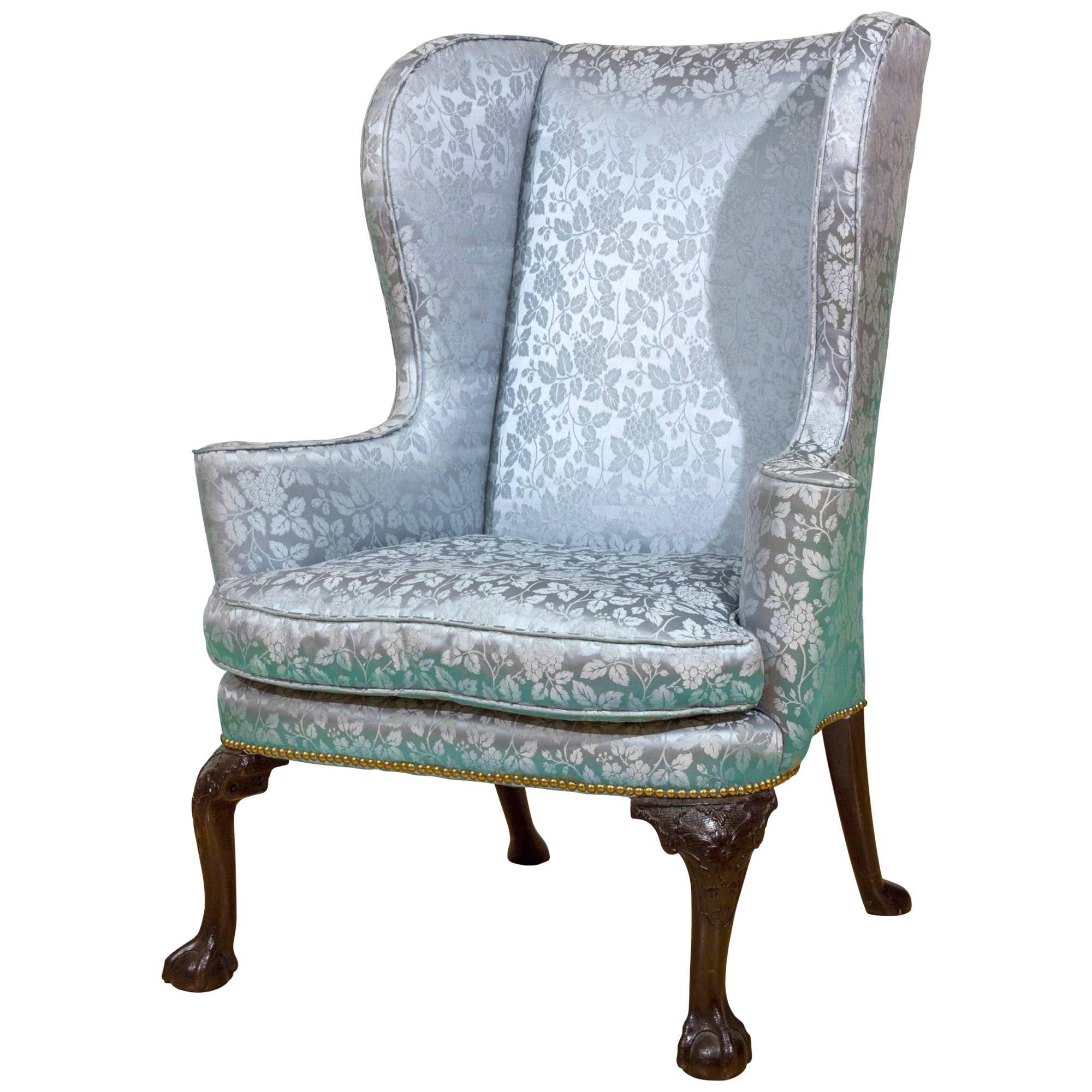 Queen Anne / George II Walnut Wing Chair with Carved Knees, Claw & Ball Feet For Sale