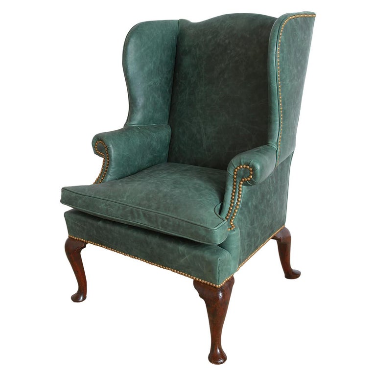 Leather Upholstered Wingchair, Grey Leather Queen Anne Chair