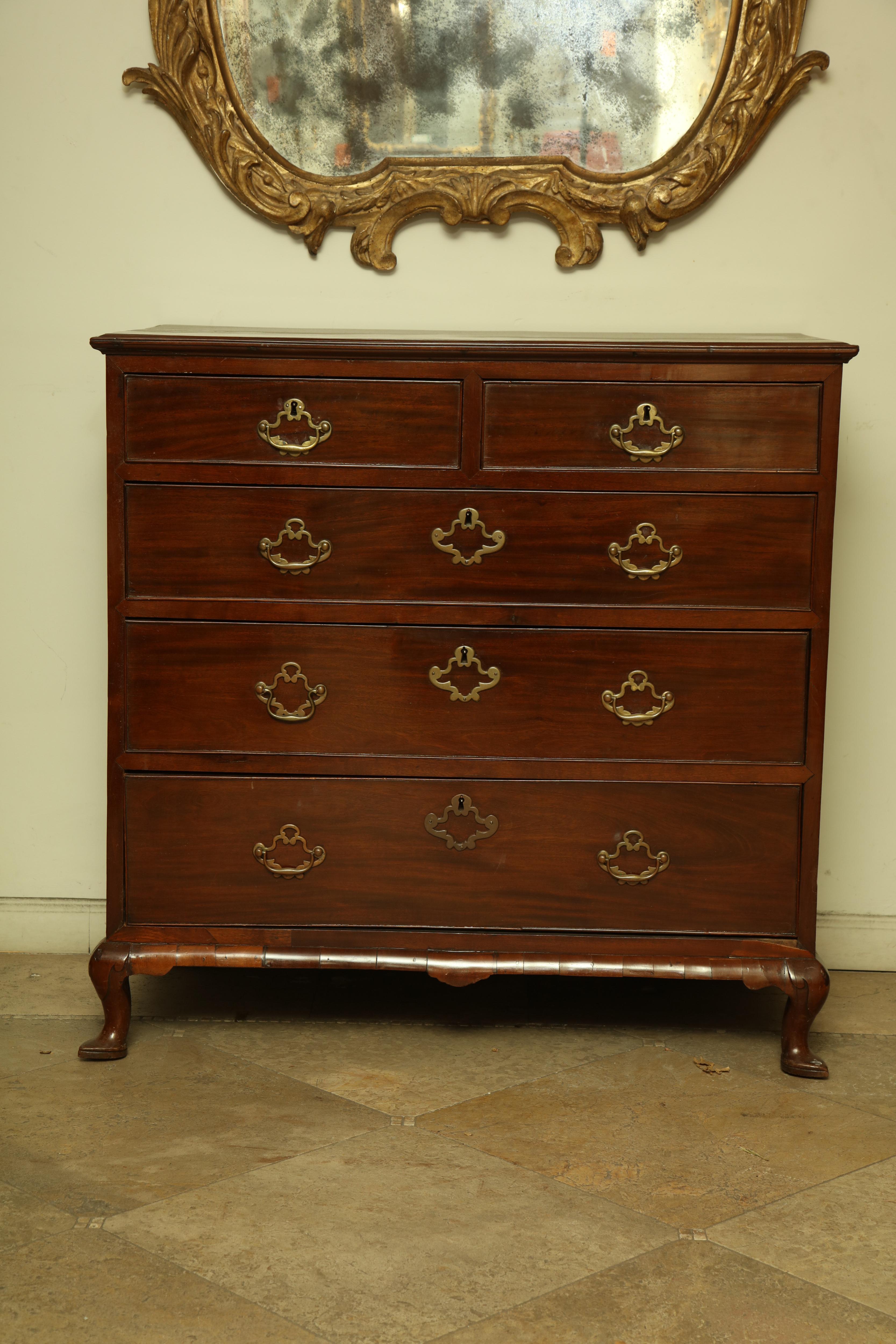 A fine English Queen Anne mahogany five-drawer chest with brass pulls and cabriole legs and slipper feet.