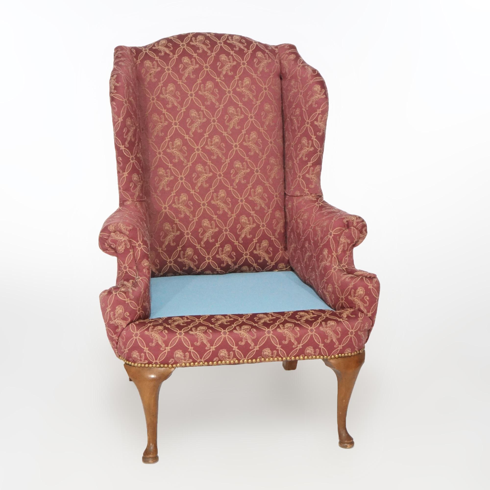 Queen Anne Mahogany Fireside Upholstered Wingback Chair, 20th Century In Good Condition For Sale In Big Flats, NY