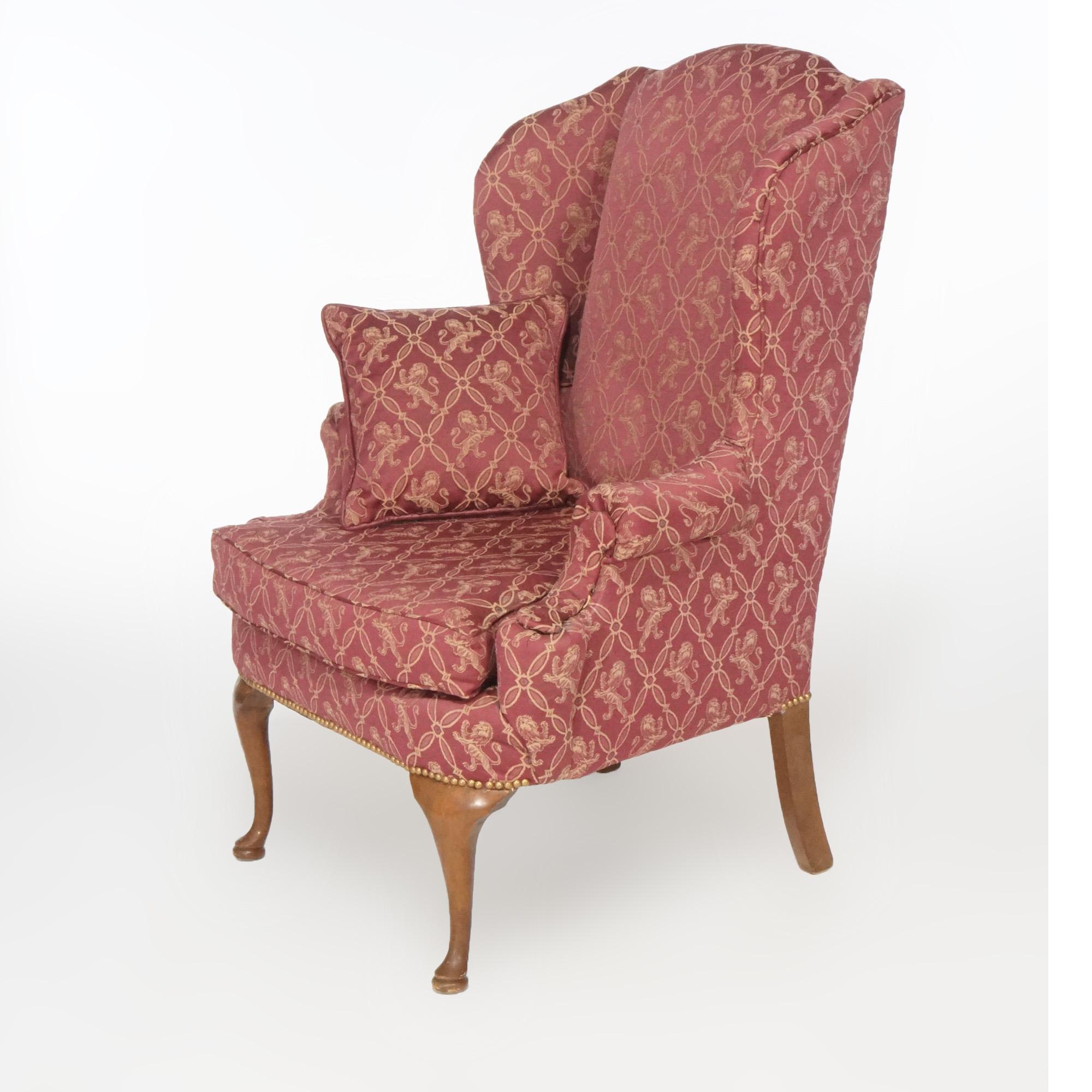Queen Anne Mahogany Fireside Upholstered Wingback Chair, 20th Century For Sale 1