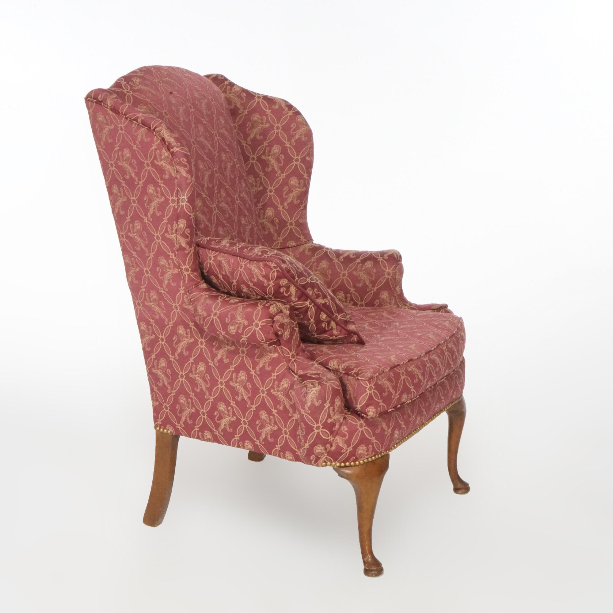 Queen Anne Mahogany Fireside Upholstered Wingback Chair, 20th Century For Sale 2
