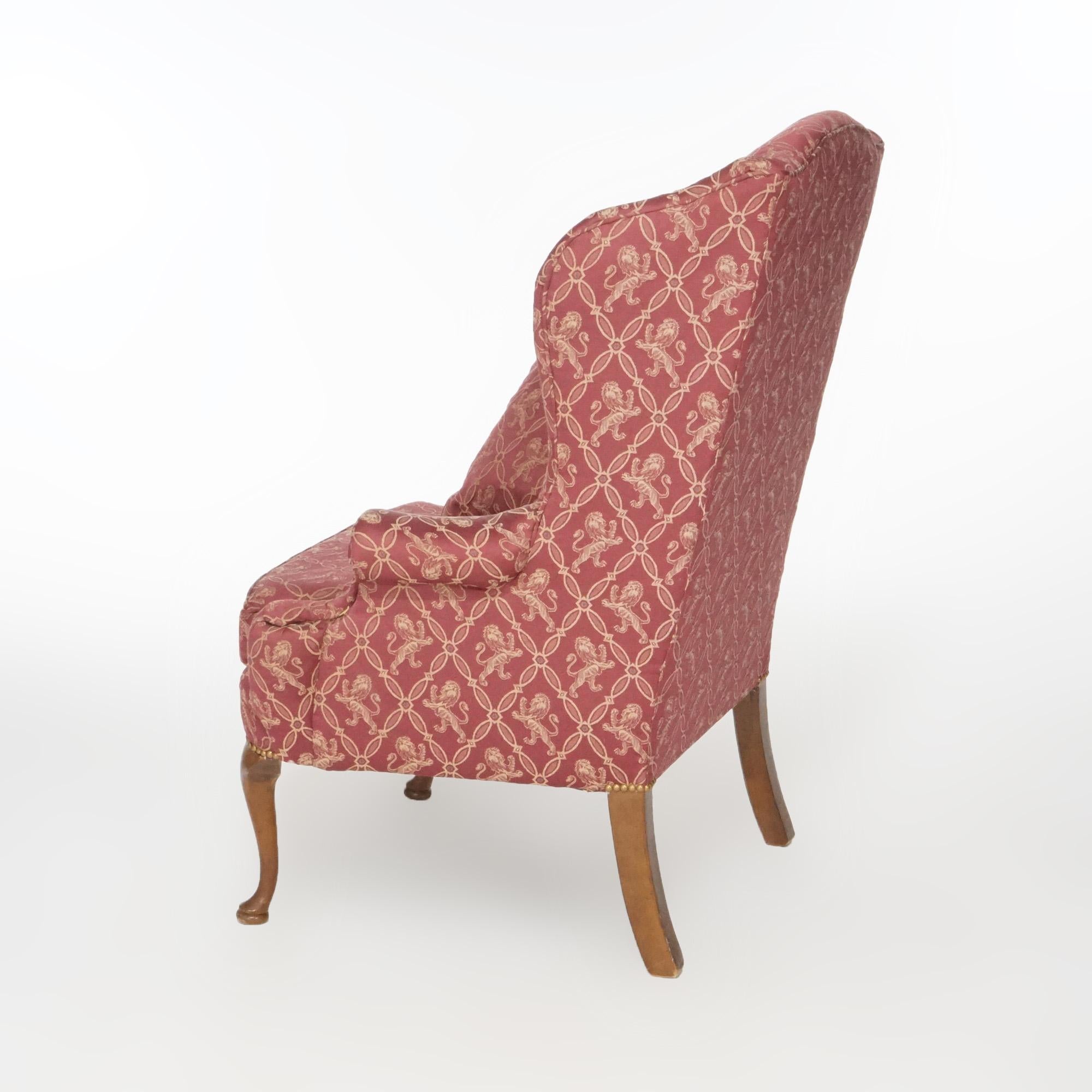 Queen Anne Mahogany Fireside Upholstered Wingback Chair, 20th Century In Good Condition For Sale In Big Flats, NY