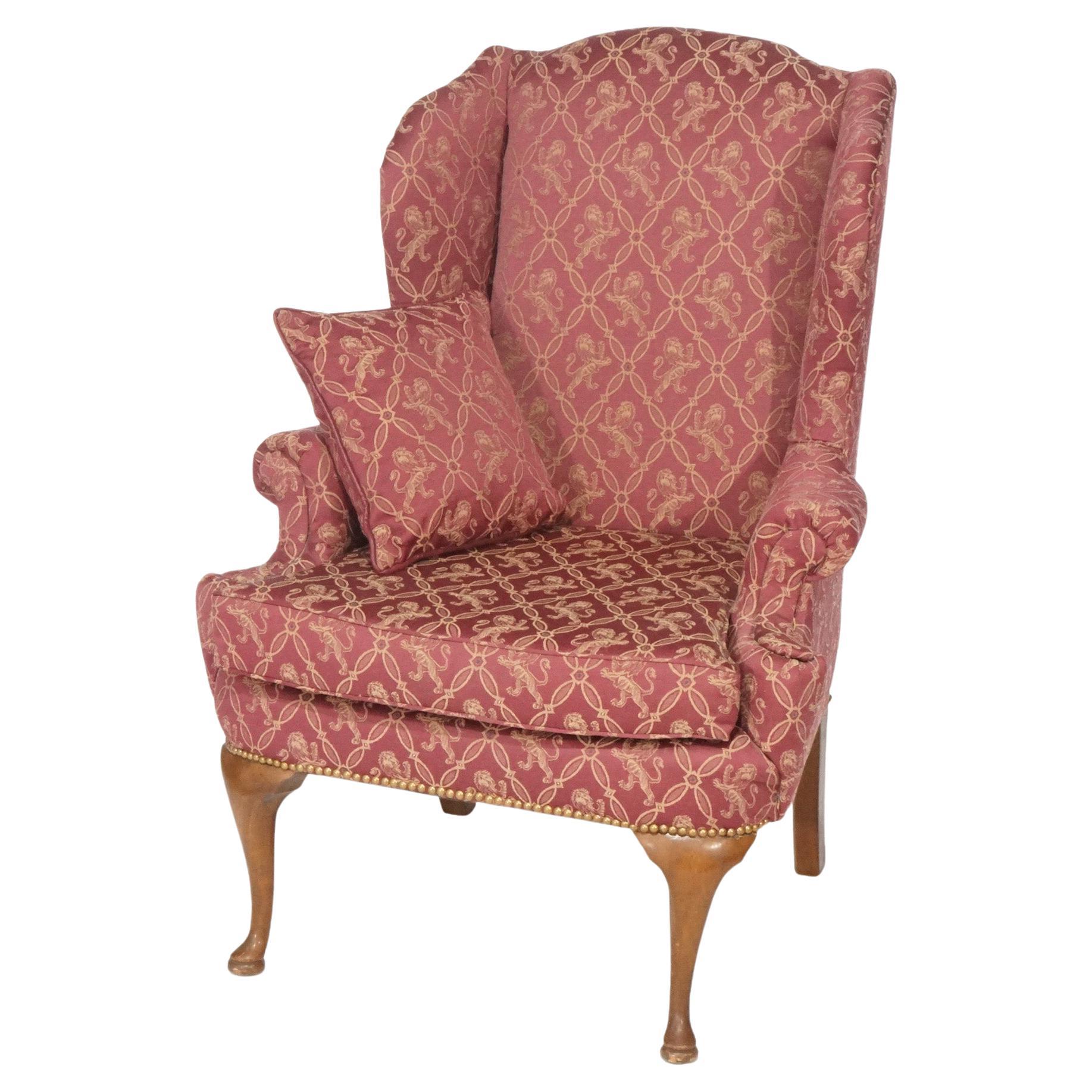 Queen Anne Mahogany Fireside Upholstered Wingback Chair, 20th Century For Sale