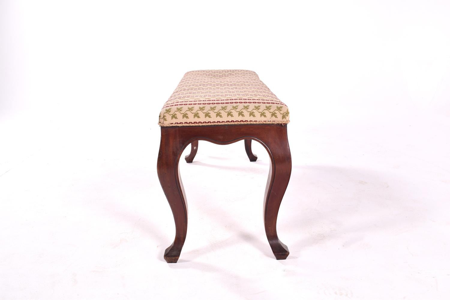 Beautiful Queen Anne style cabriole legged mahogany duet piano stool. Tapestry seat. Dark sturdy frame.