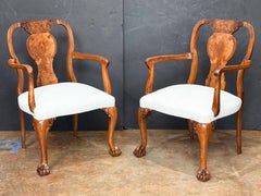 Queen Anne Open Carved Arm Chairs of Burl Walnut (Two Available)