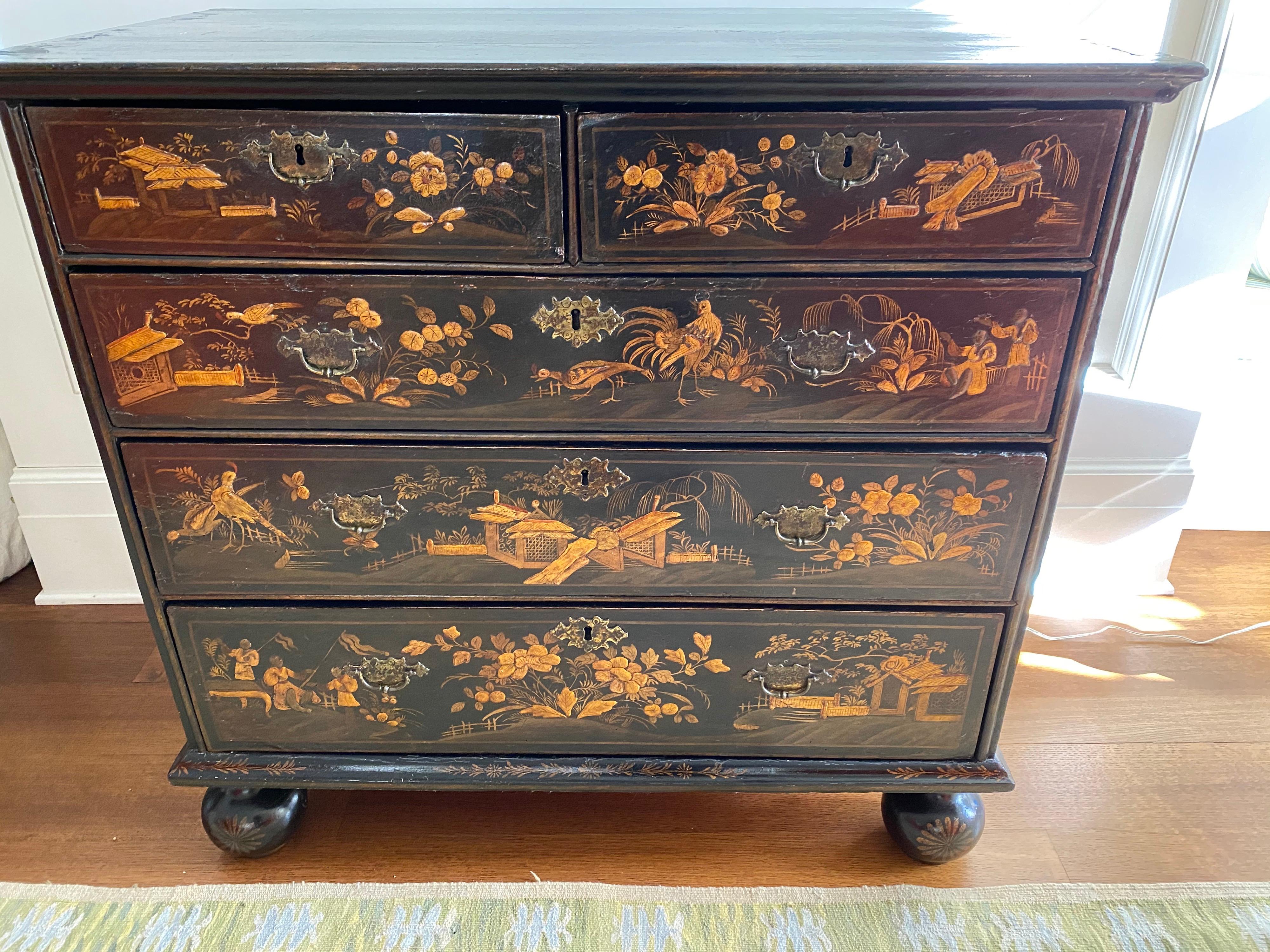 English Queen Anne Parcel-Gilt Black-Japanned Chest of Drawers, circa 1710