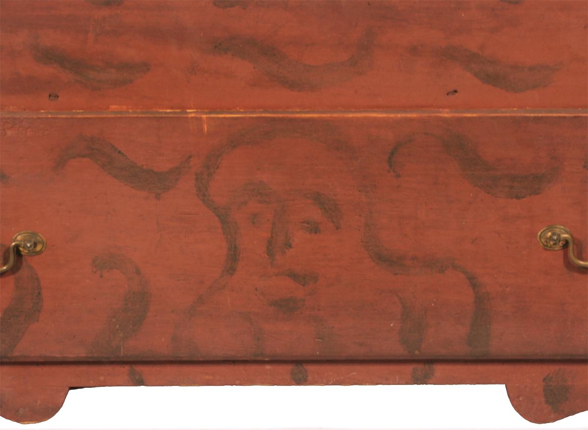 Queen Anne Period Blanket Chest with Two Whimsical Faces, ca 1740-1760 In Good Condition For Sale In York County, PA