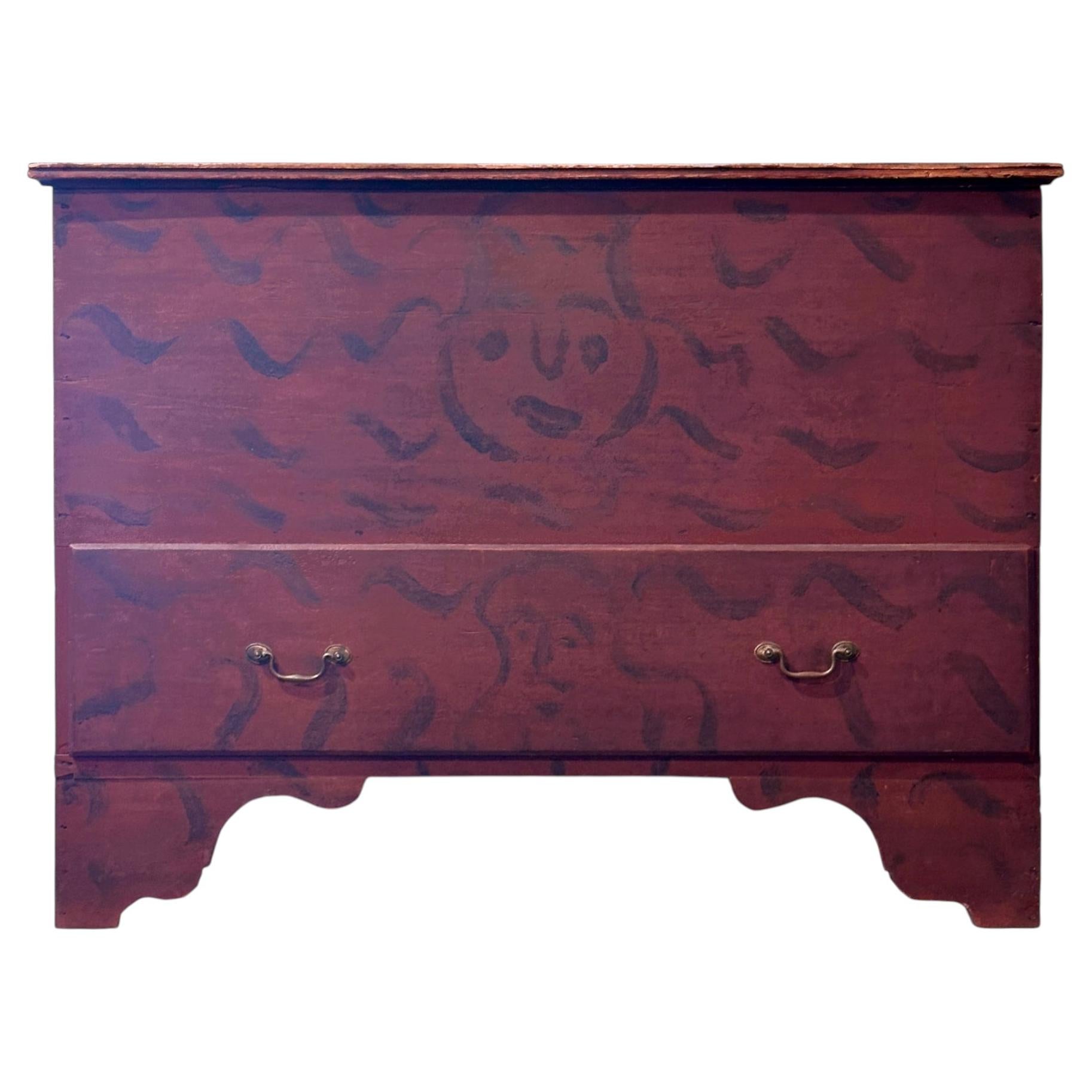 Queen Anne Period Blanket Chest with Two Whimsical Faces, ca 1740-1760 For Sale
