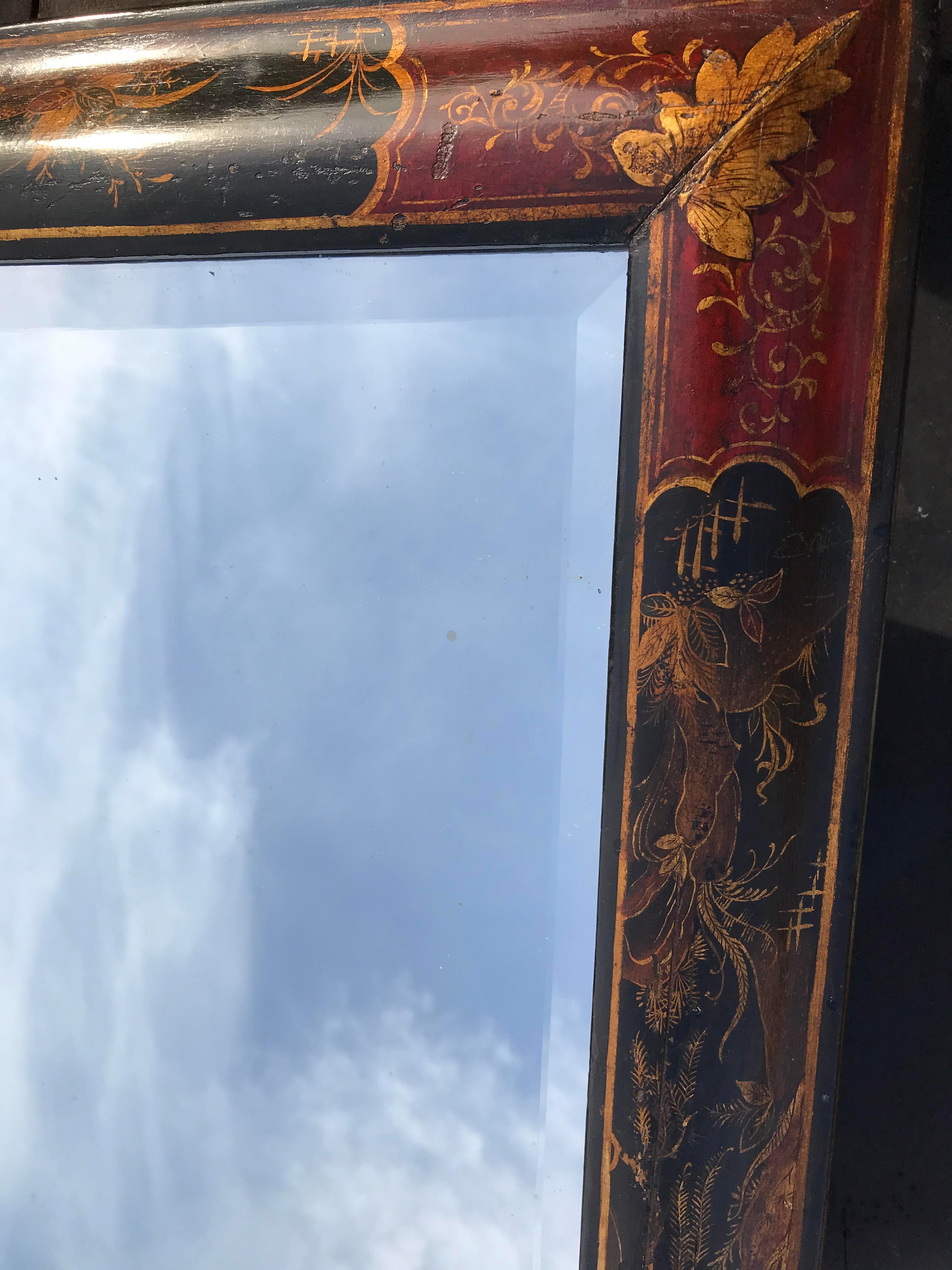 English Queen Anne Period Chinoiserie Red, Black and Gold Japanned Mirror - RESERVED