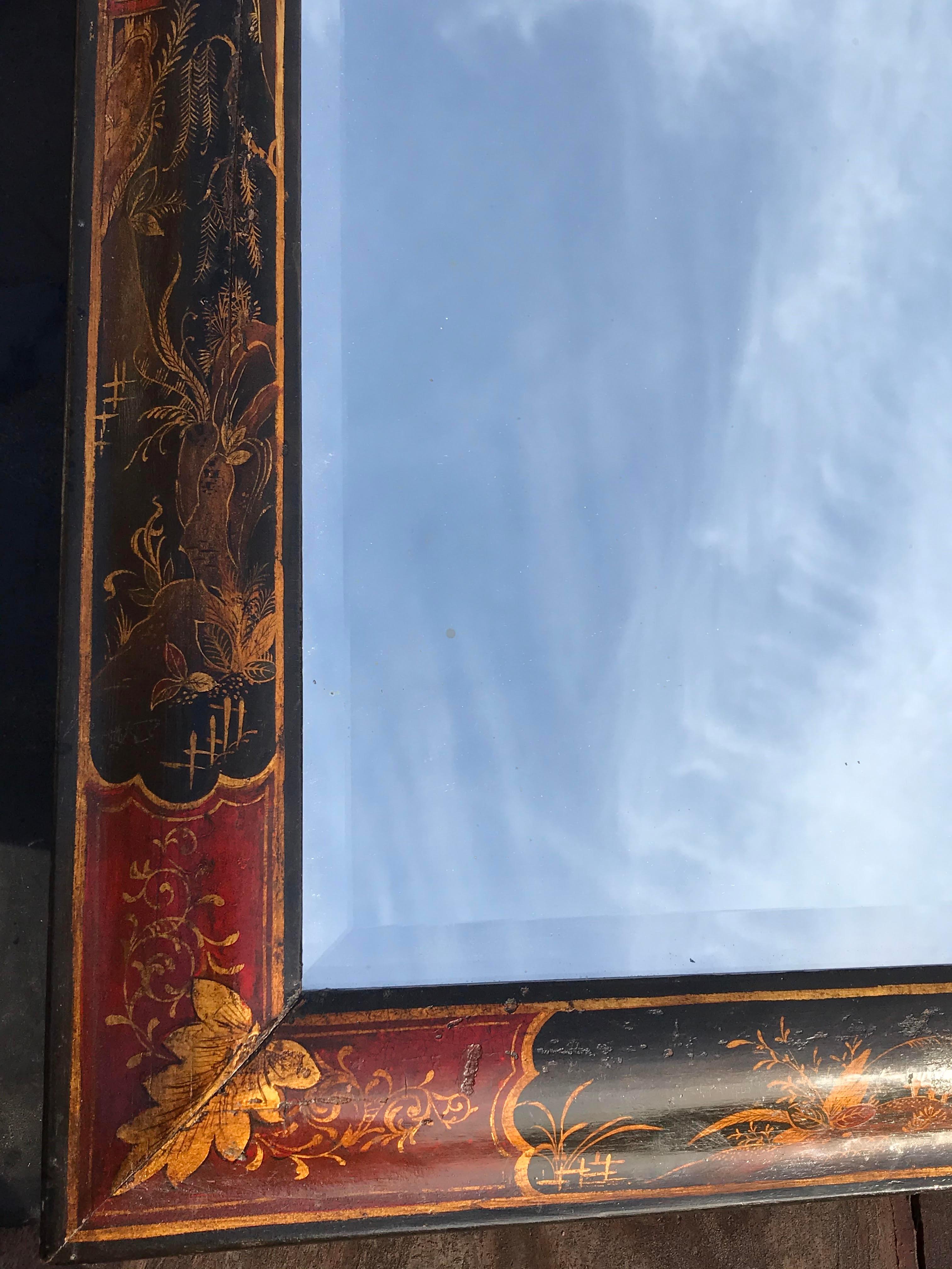 Queen Anne Period Chinoiserie Red, Black and Gold Japanned Mirror - RESERVED In Good Condition In Lymington, GB